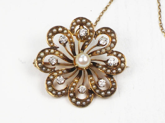 Victorian 14k Gold Floral Pearl Diamond Pendant Pin: Antique Jewelry