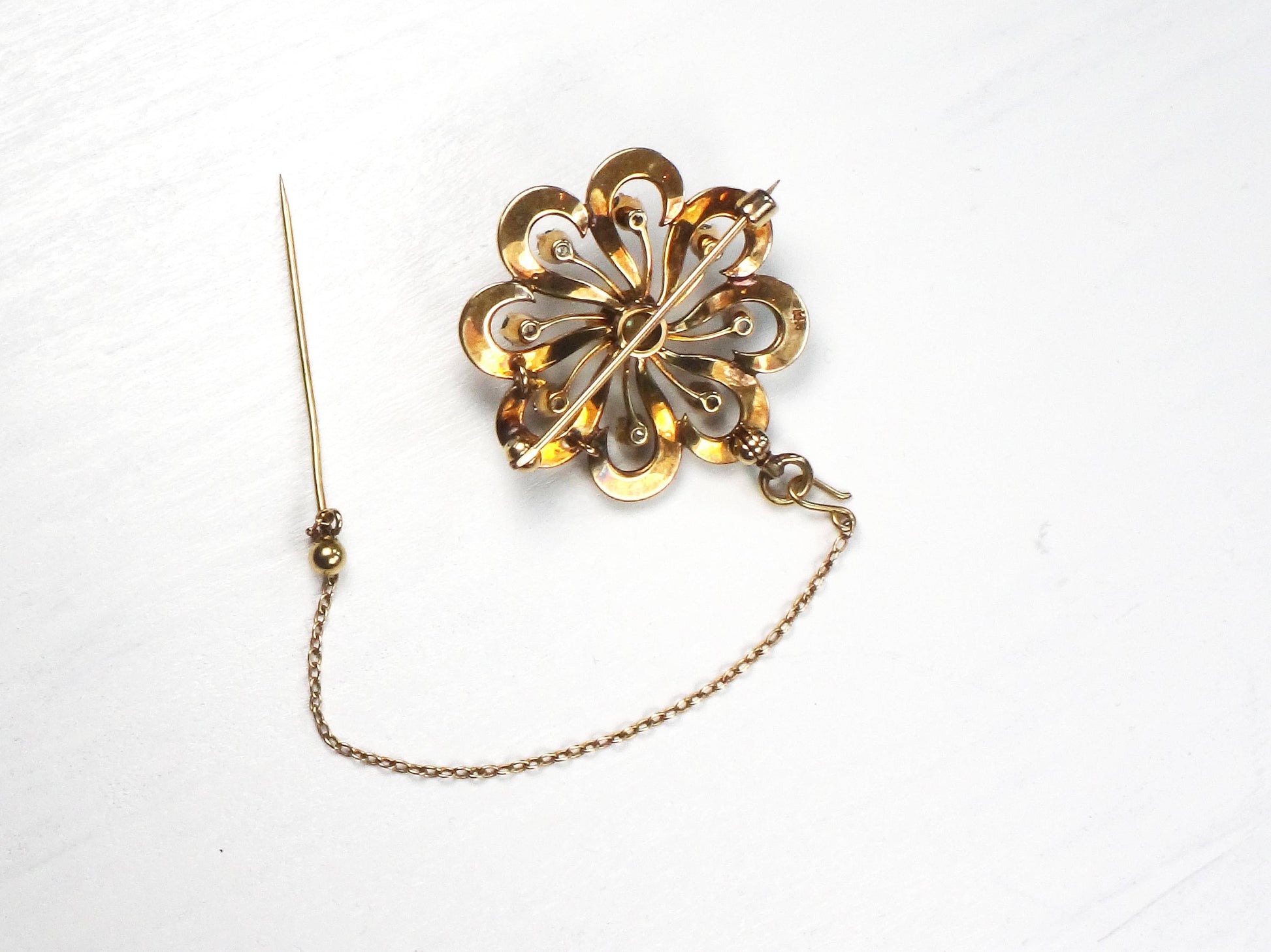 Victorian 14k Gold Floral Pearl Diamond Pendant Pin: Antique Jewelry