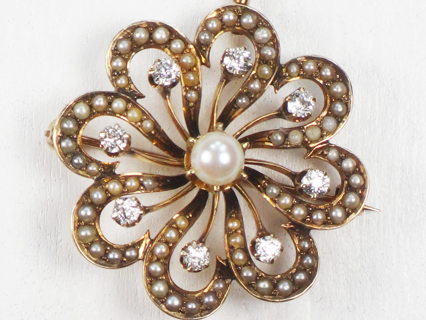 Victorian 14k Gold Floral Pearl Diamond Pendant Pin: Antique Jewelry