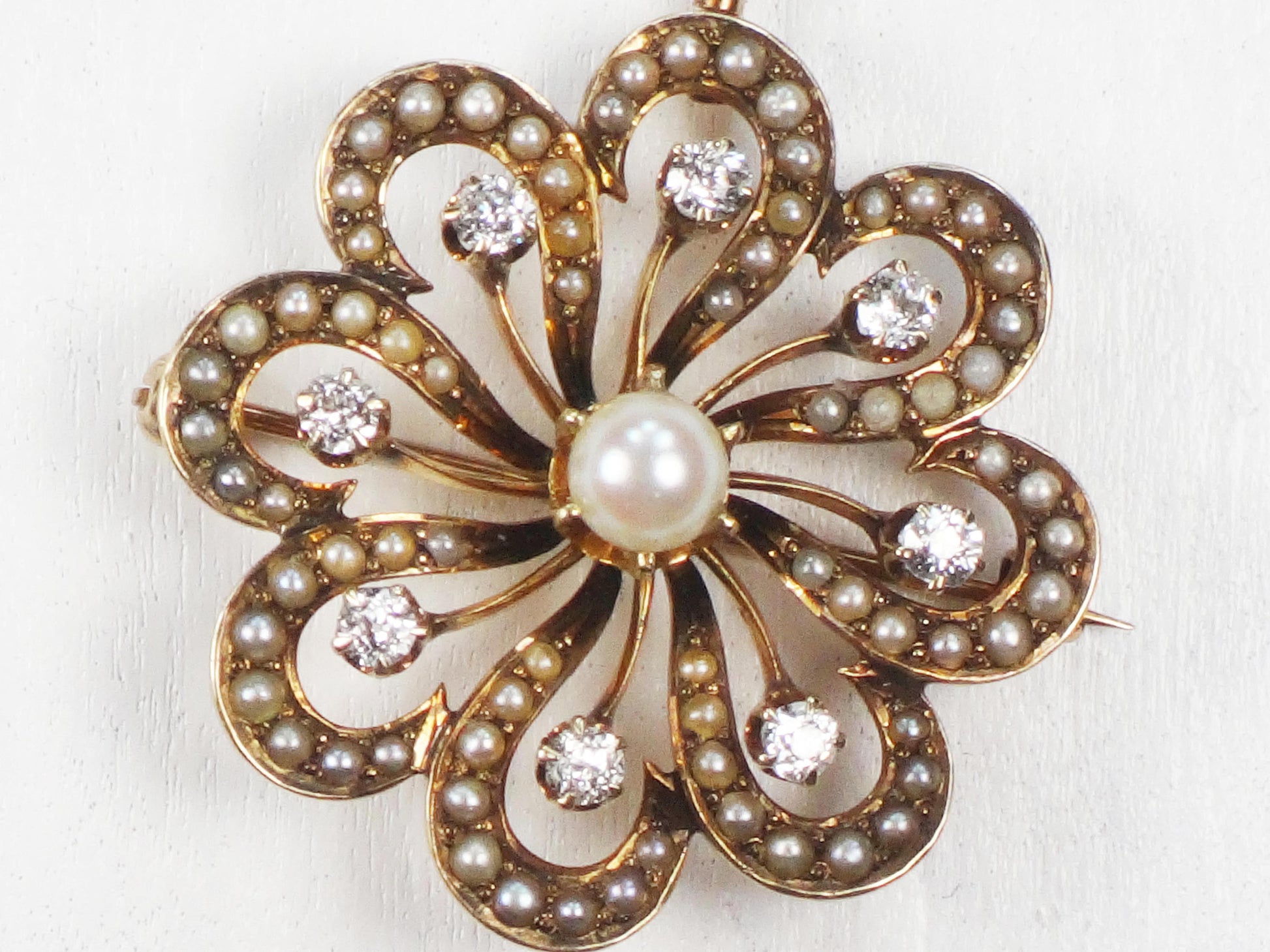 Victorian 14k Gold Floral Pearl Diamond Pendant Pin: Antique Jewelry