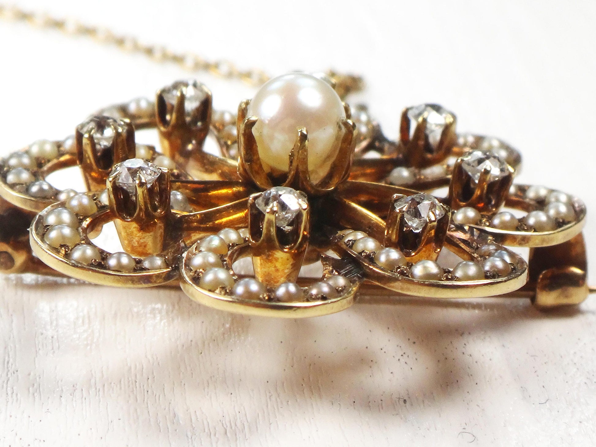 Victorian 14k Gold Floral Pearl Diamond Pendant Pin: Antique Jewelry