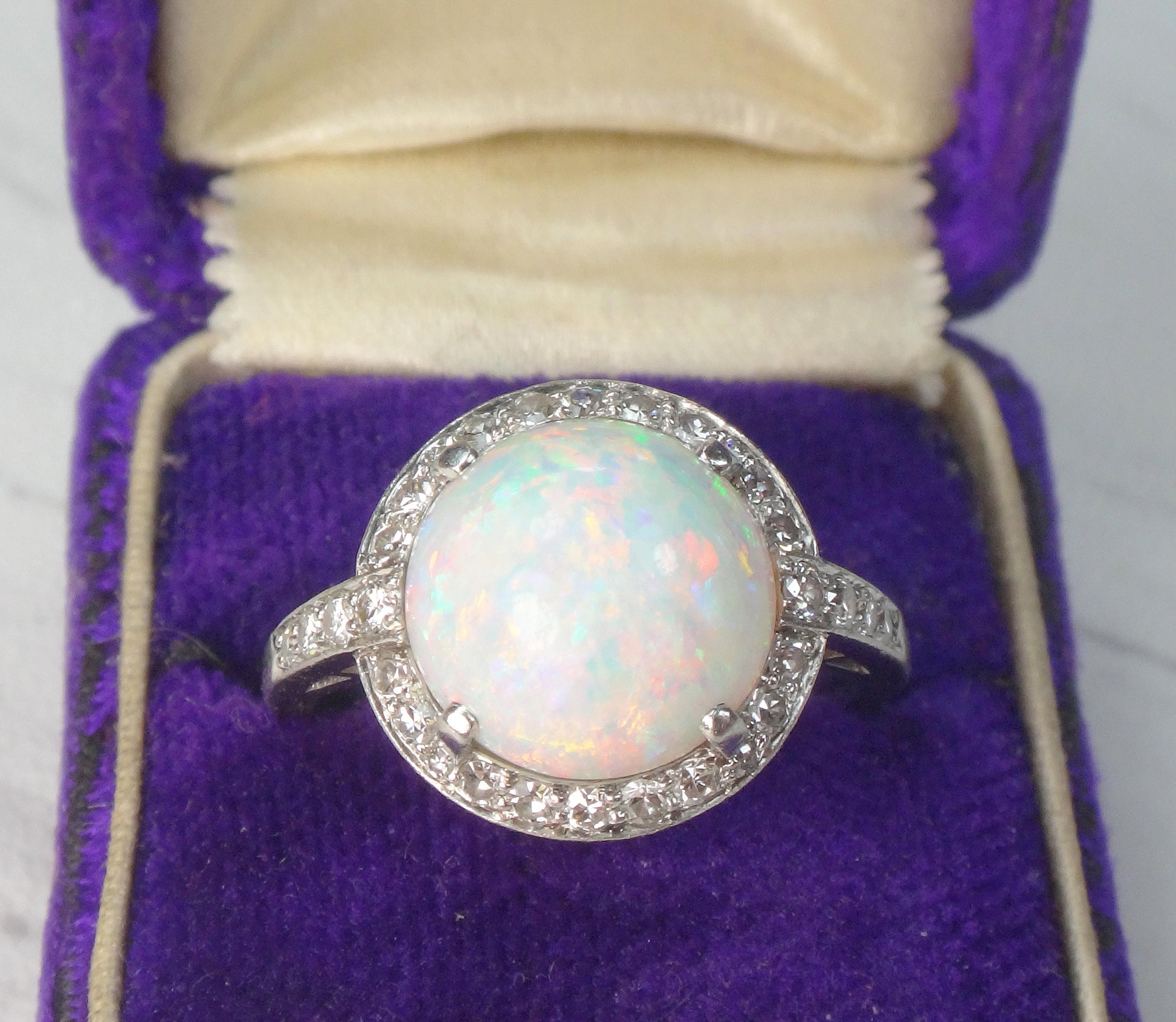 Vintage Platinum Opal Diamond Ring: October Birthstone, Circa 1930