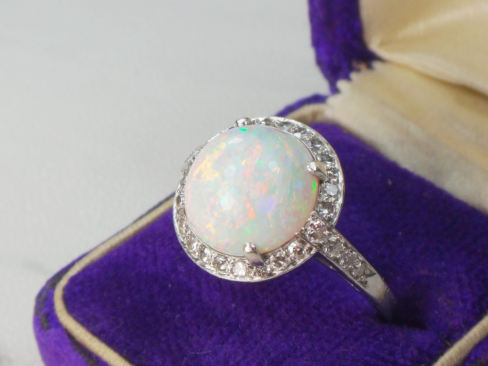Vintage Platinum Opal Diamond Ring: October Birthstone, Circa 1930