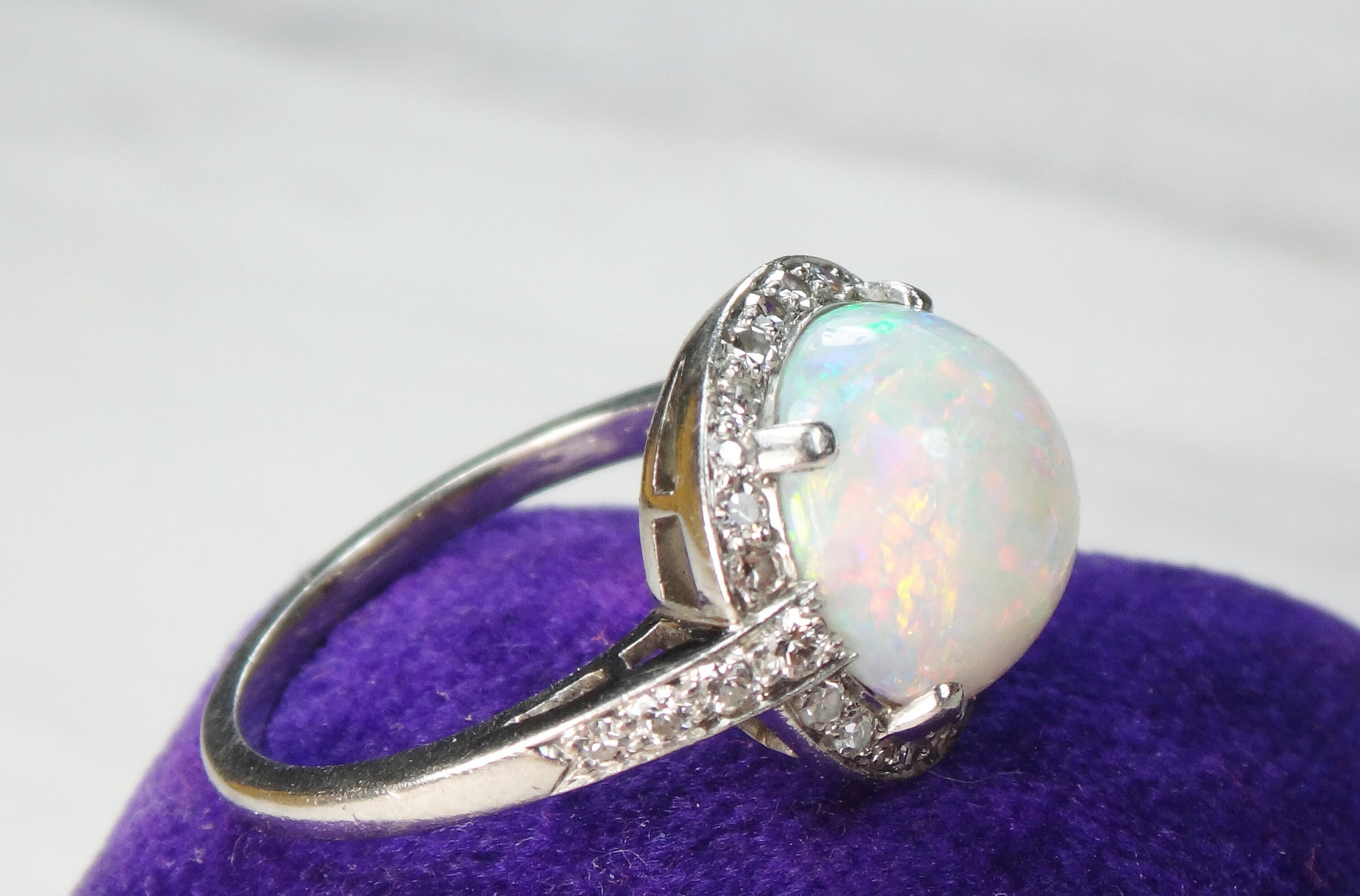 Vintage Platinum Opal Diamond Ring: October Birthstone, Circa 1930
