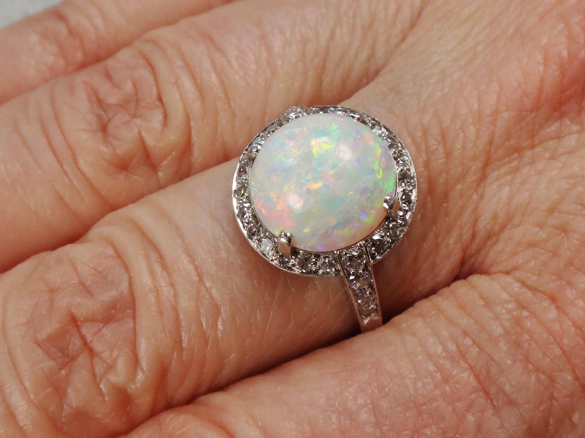 Vintage Platinum Opal Diamond Ring: October Birthstone, Circa 1930