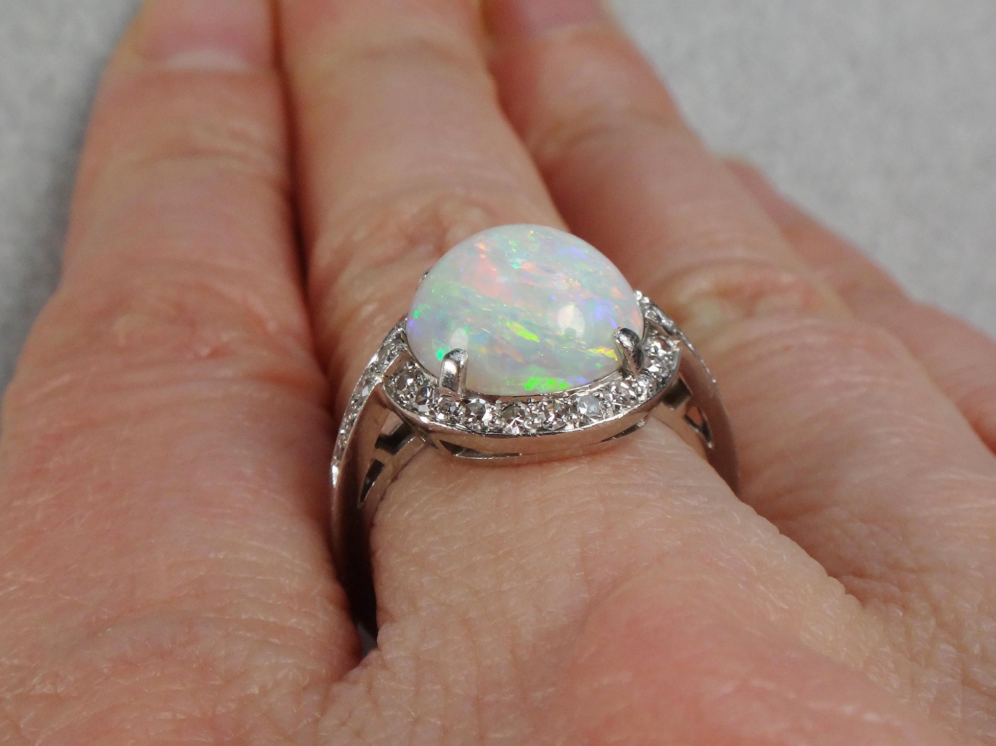Vintage Platinum Opal Diamond Ring: October Birthstone, Circa 1930