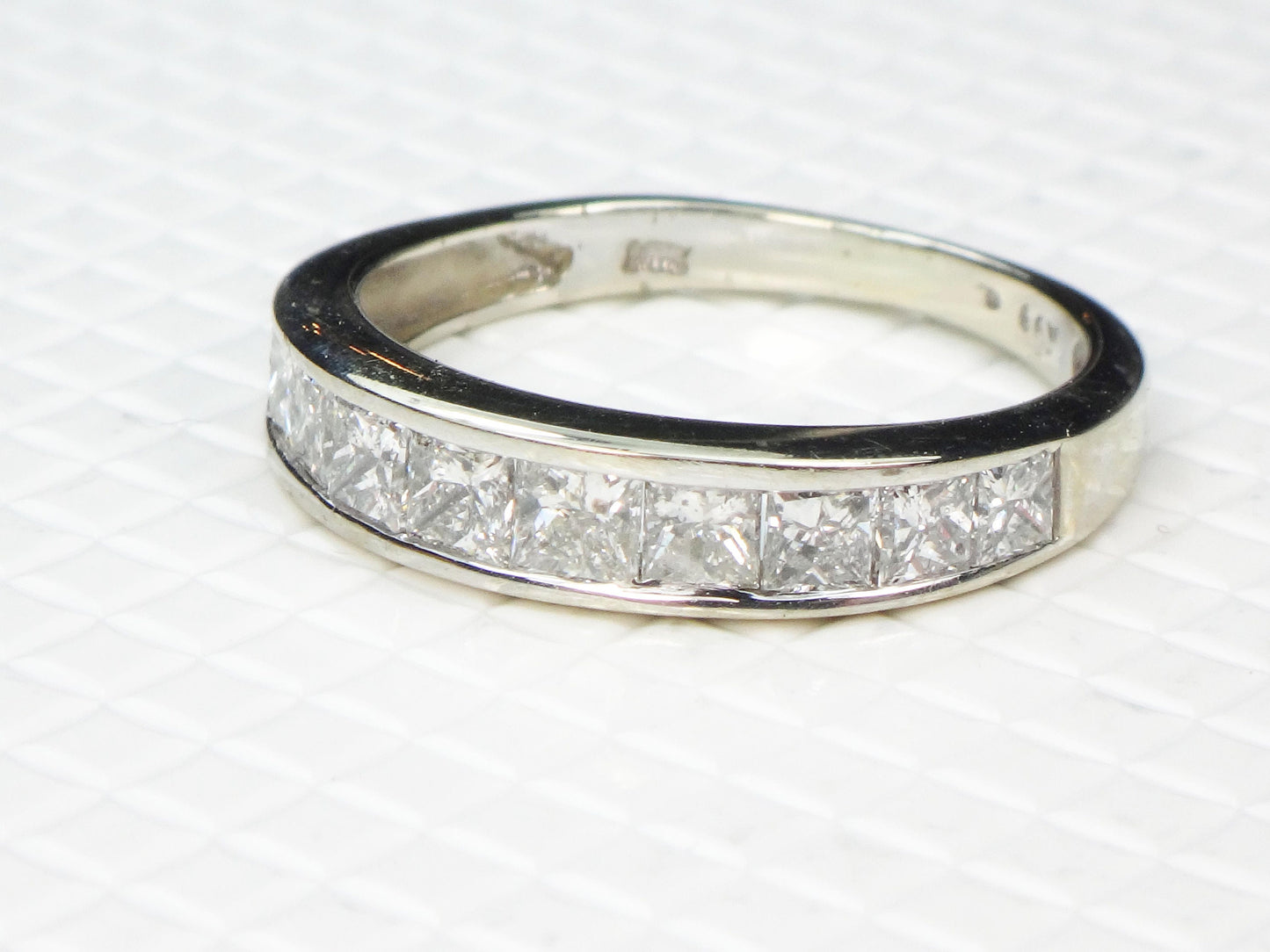 Vintage 14k White Gold Channel Set Natural Diamond Wedding Band, 1.25 Carat TDW Princess Cut Diamond Ring, Size 6.5