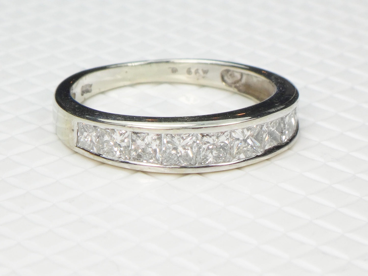 Vintage 14k White Gold Channel Set Natural Diamond Wedding Band, 1.25 Carat TDW Princess Cut Diamond Ring, Size 6.5