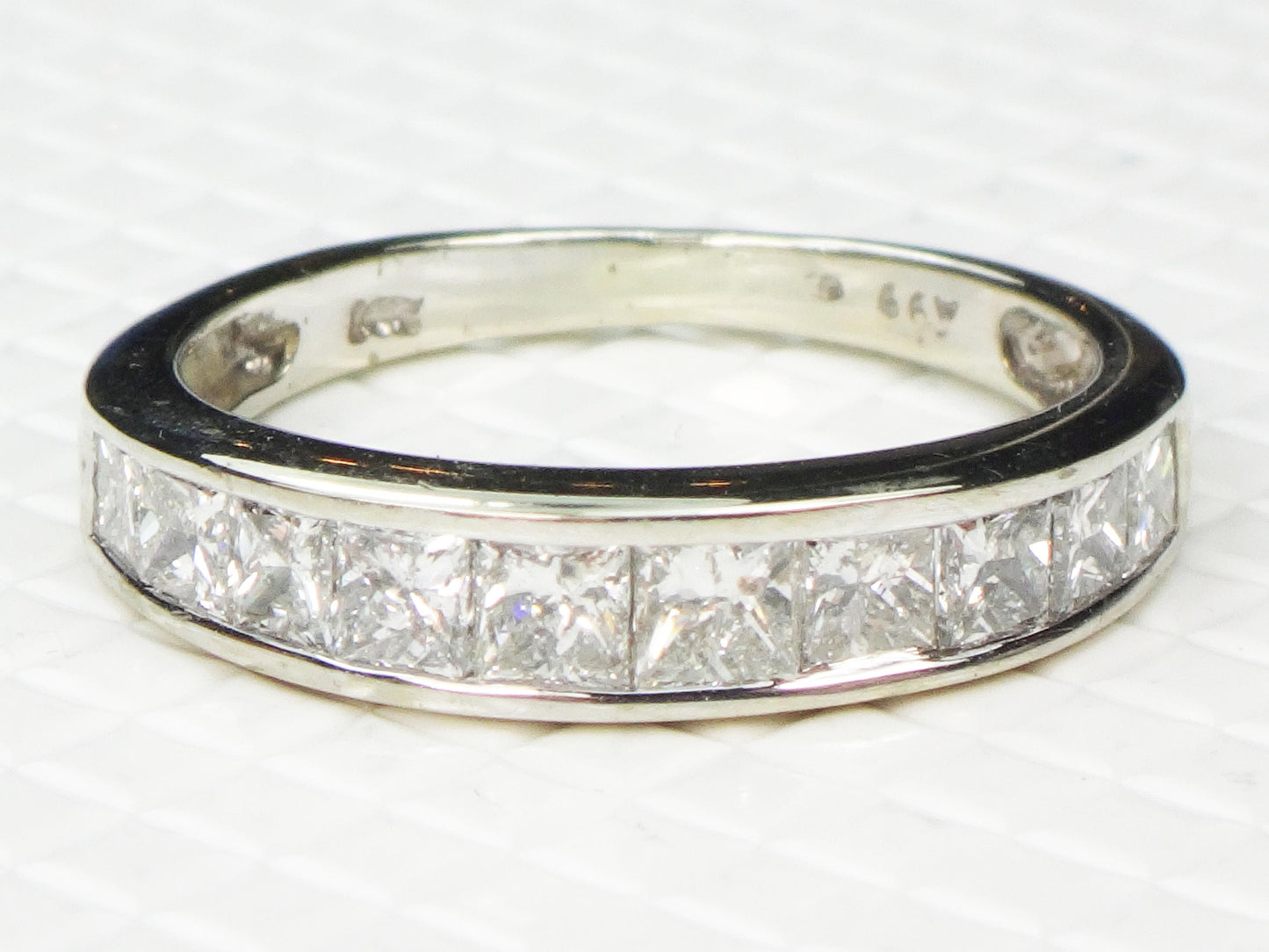 Vintage 14k White Gold Channel Set Natural Diamond Wedding Band, 1.25 Carat TDW Princess Cut Diamond Ring, Size 6.5