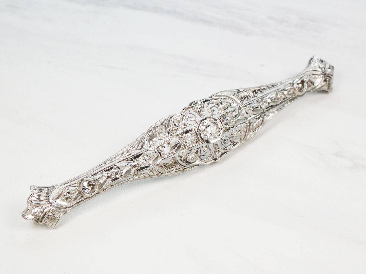 Antique 14k White Gold Diamond Bar Pin: Art Deco Filigree, Old Mine Cut