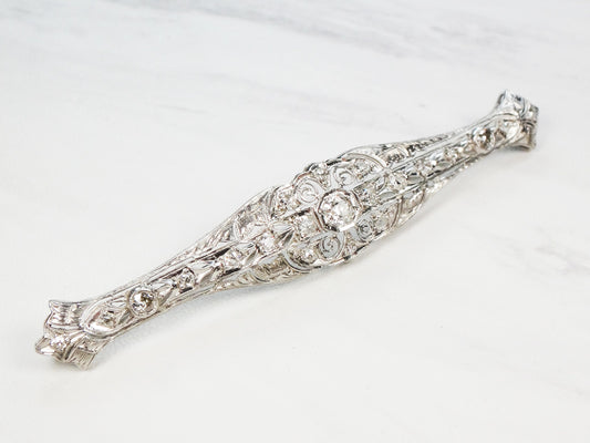 Antique 14k White Gold Diamond Bar Pin: Art Deco Filigree, Old Mine Cut