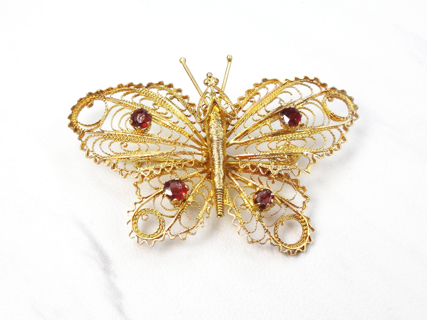 Vintage 14k Gold Filigree Butterfly Pin with Garnets