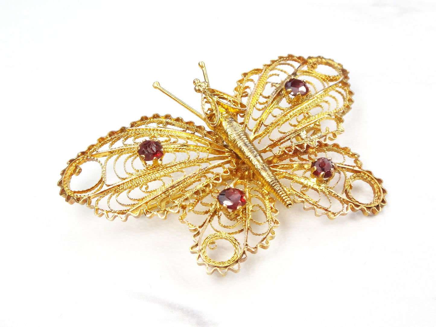 Vintage 14k Gold Filigree Butterfly Pin with Garnets