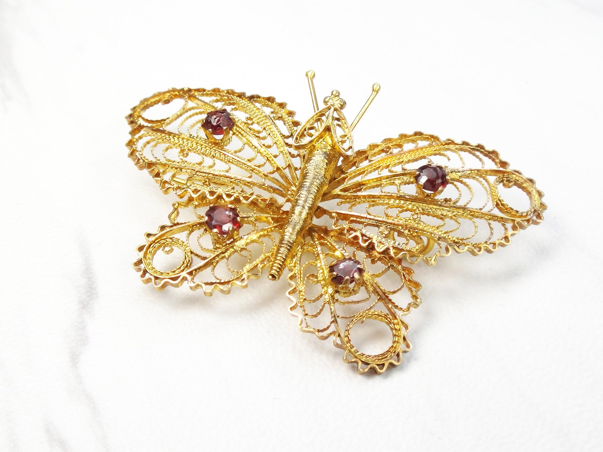 Vintage 14k Gold Filigree Butterfly Pin with Garnets