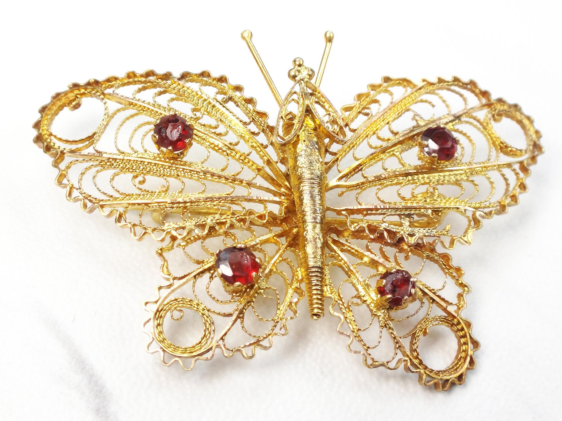Vintage 14k Gold Filigree Butterfly Pin with Garnets