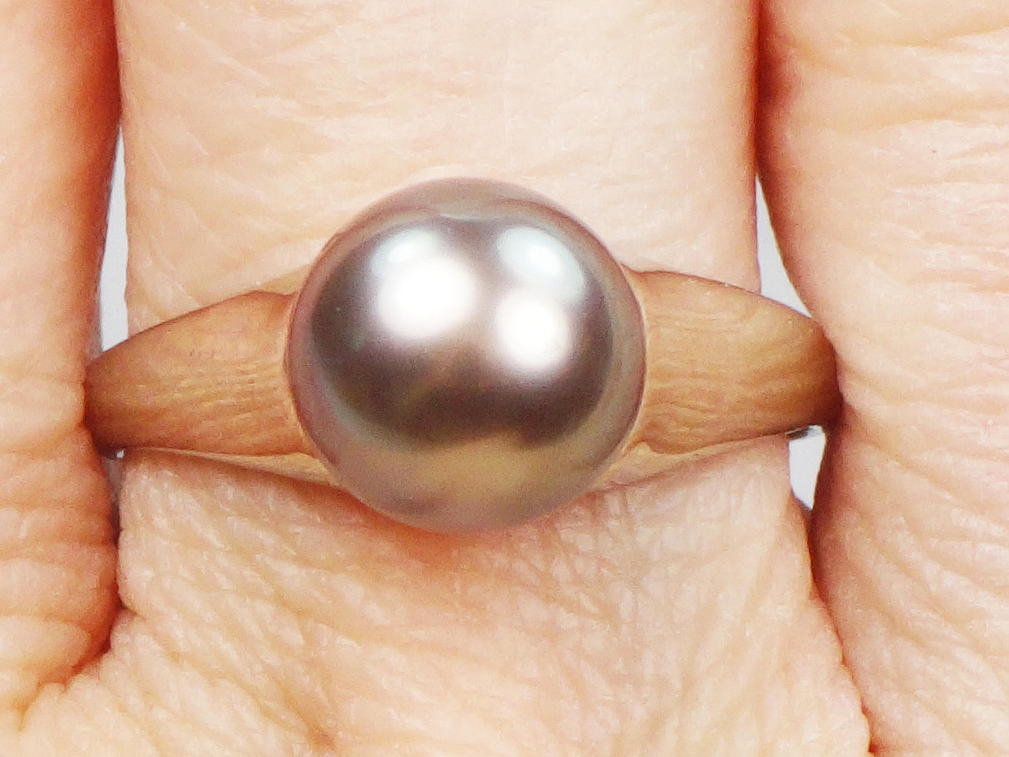 Vintage 14k Gold Black Tahitian Pearl Ring 14k White Gold 8.5 MM Cultured Pearl Ring Modernist Style Size 7
