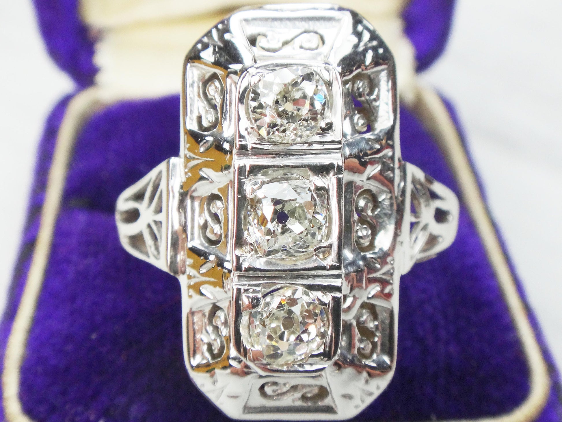 14k White Gold Art Deco Diamond Ring: Three Stone Old Mine Cut