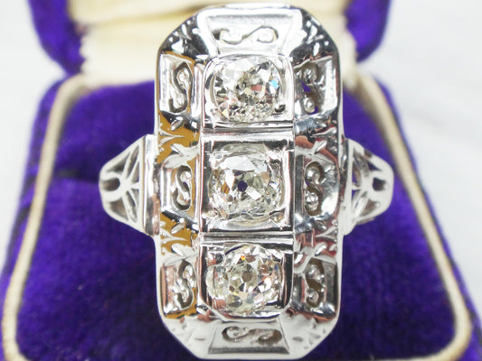 14k White Gold Art Deco Diamond Ring: Three Stone Old Mine Cut