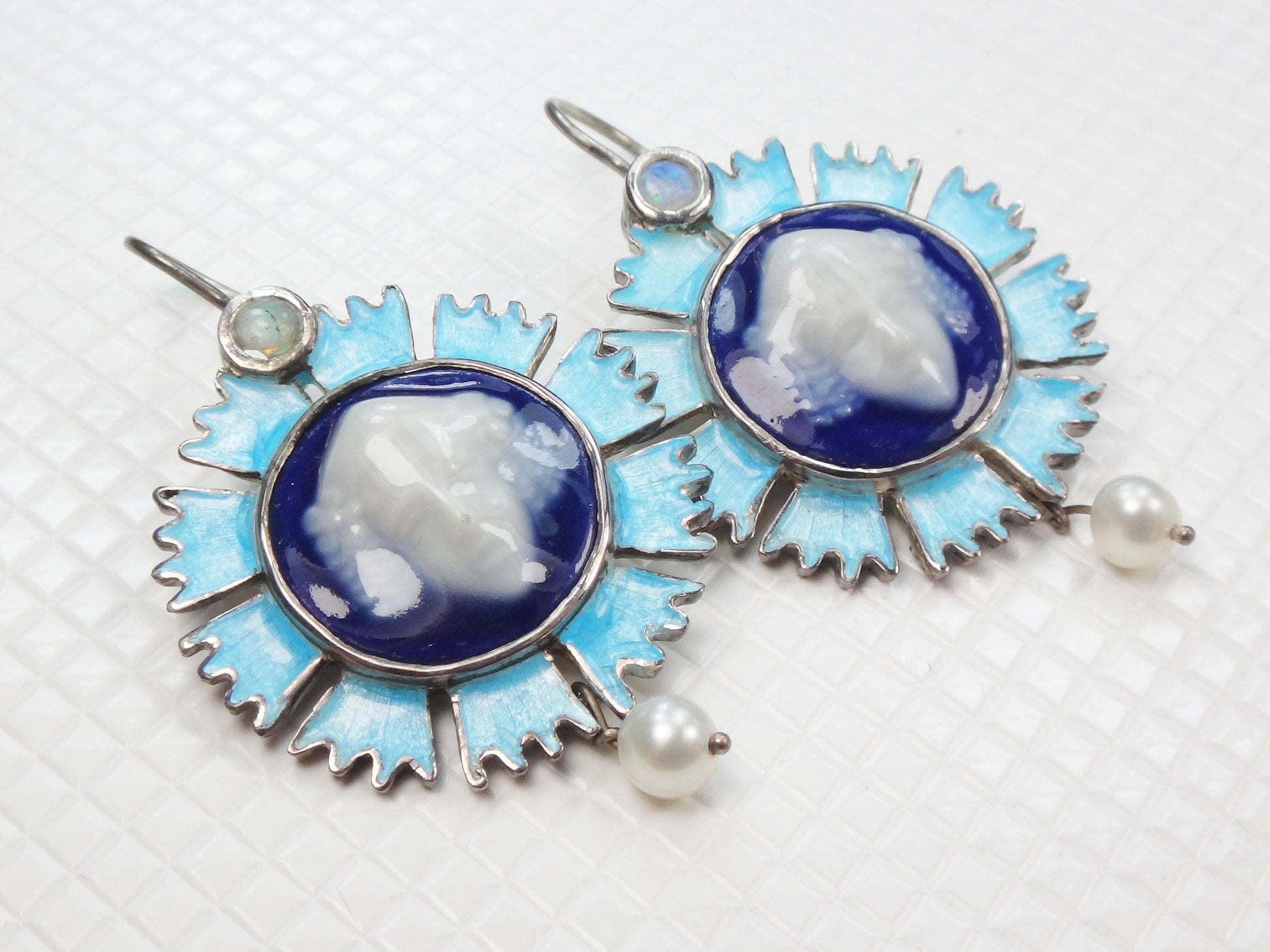 Vintage Sterling Silver Blue Limoges Porcelain Cameo Necklace and Earrings with Bacchus Design