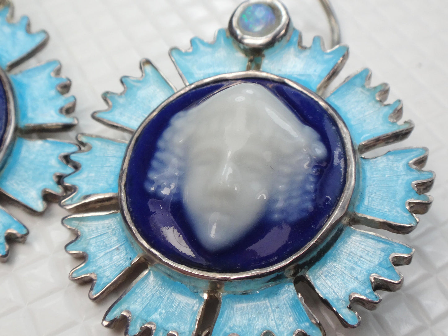 Vintage Sterling Silver Blue Limoges Porcelain Cameo Necklace and Earrings with Bacchus Design