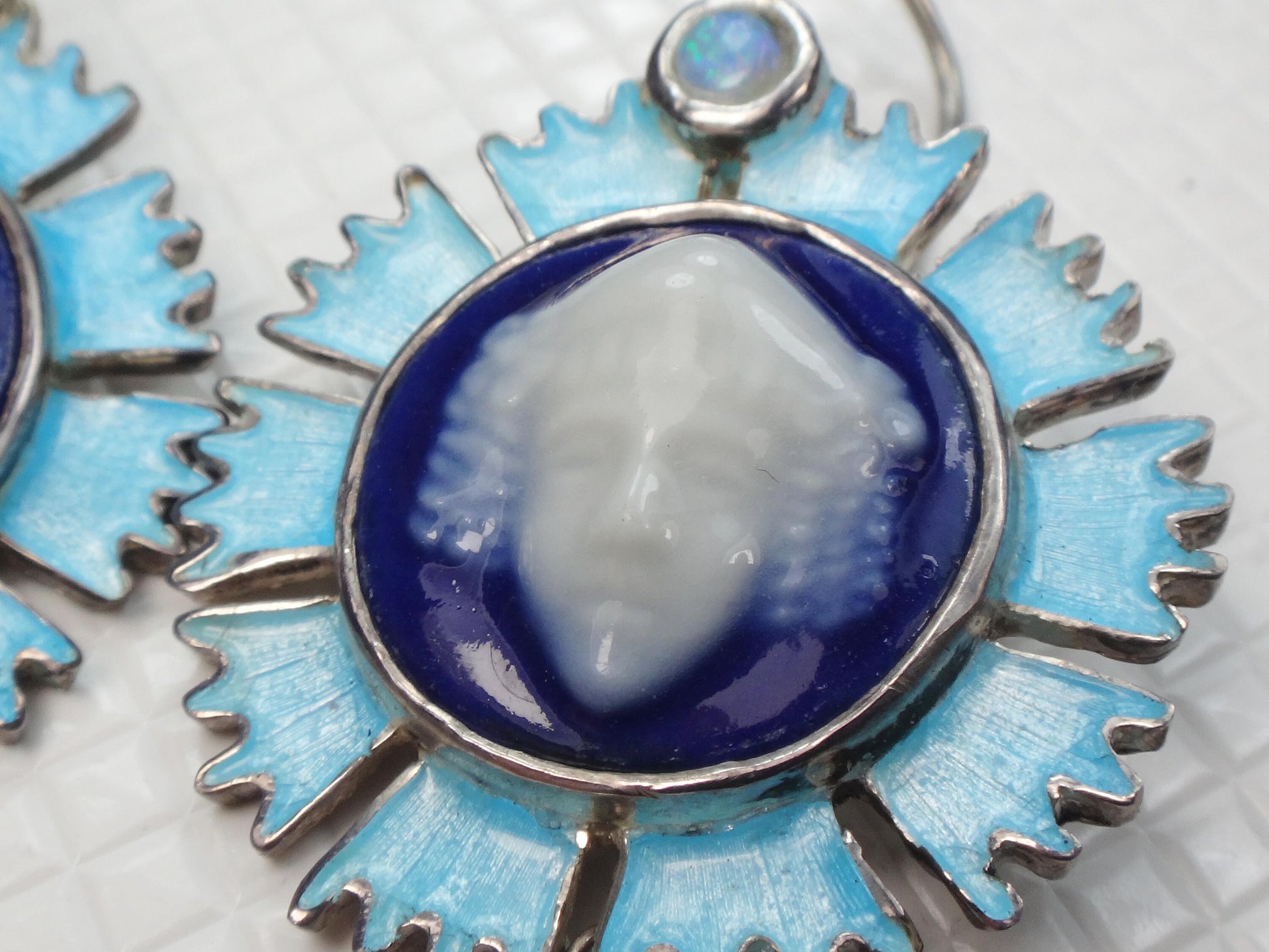 Vintage Sterling Silver Blue Limoges Porcelain Cameo Necklace and Earrings with Bacchus Design