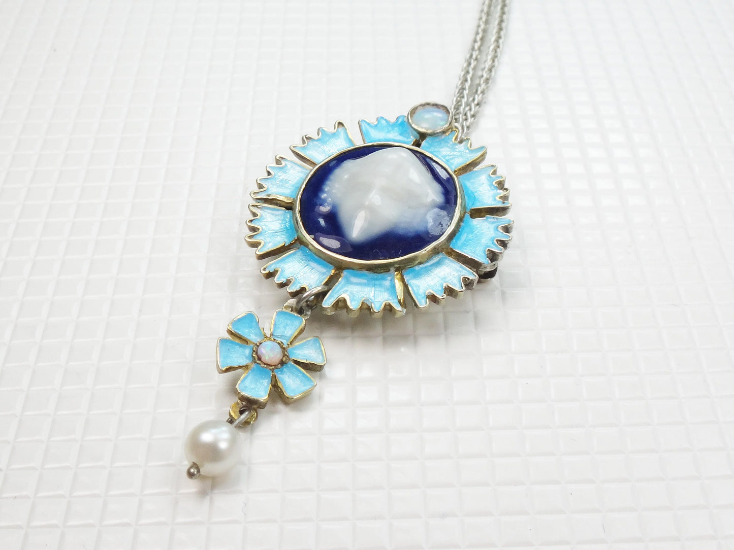 Vintage Sterling Silver Blue Limoges Porcelain Cameo Necklace and Earrings with Bacchus Design