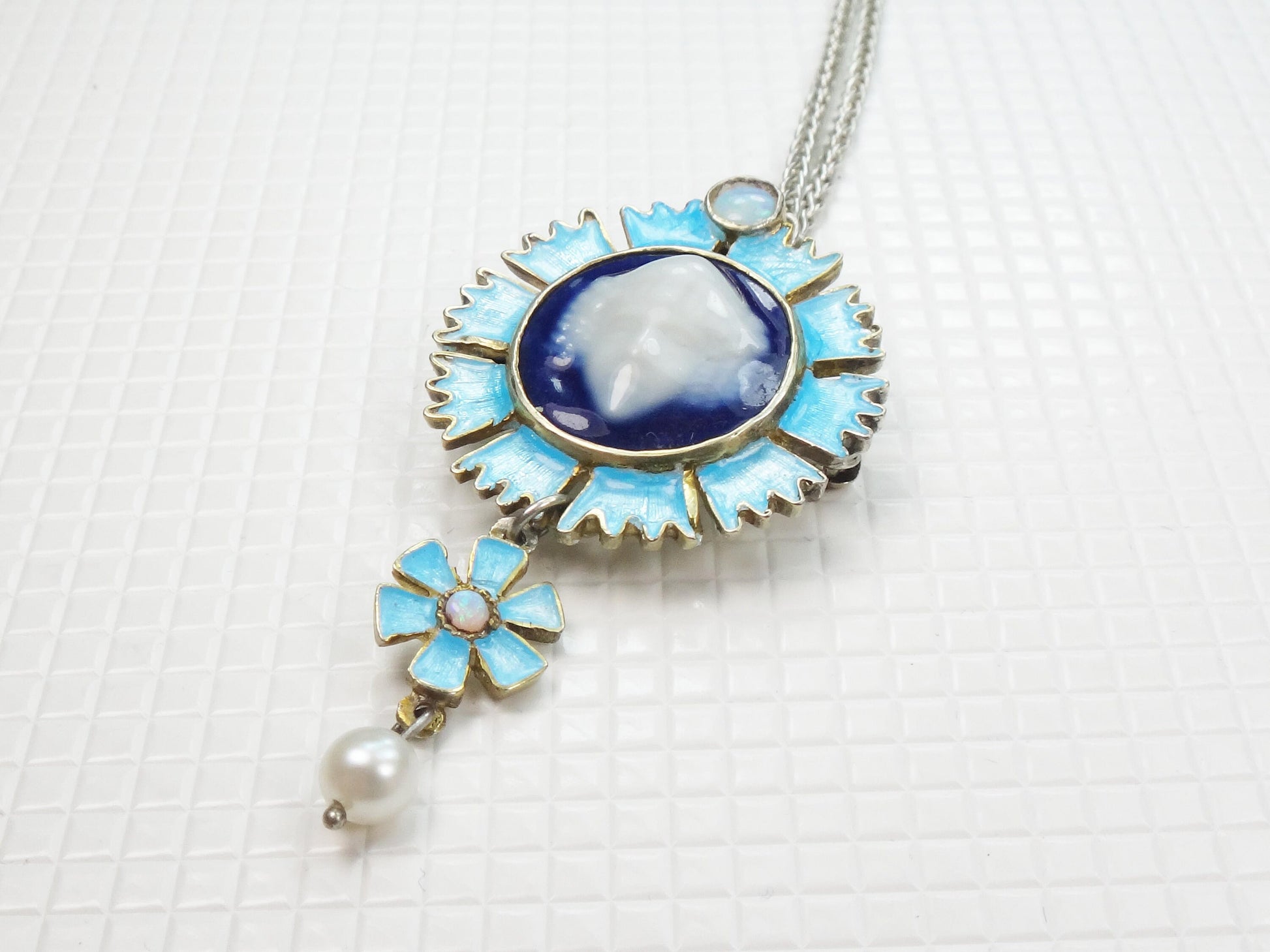 Vintage Sterling Silver Blue Limoges Porcelain Cameo Necklace and Earrings with Bacchus Design