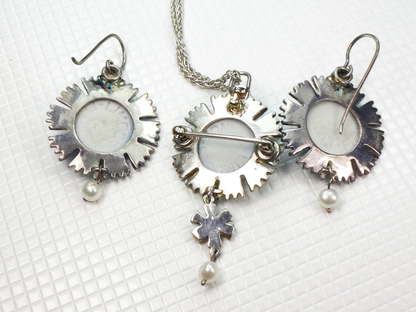 Vintage Sterling Silver Blue Limoges Porcelain Cameo Necklace and Earrings with Bacchus Design