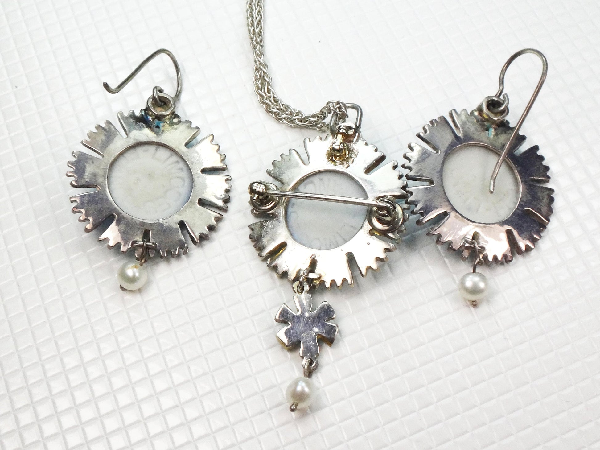 Vintage Sterling Silver Blue Limoges Porcelain Cameo Necklace and Earrings with Bacchus Design