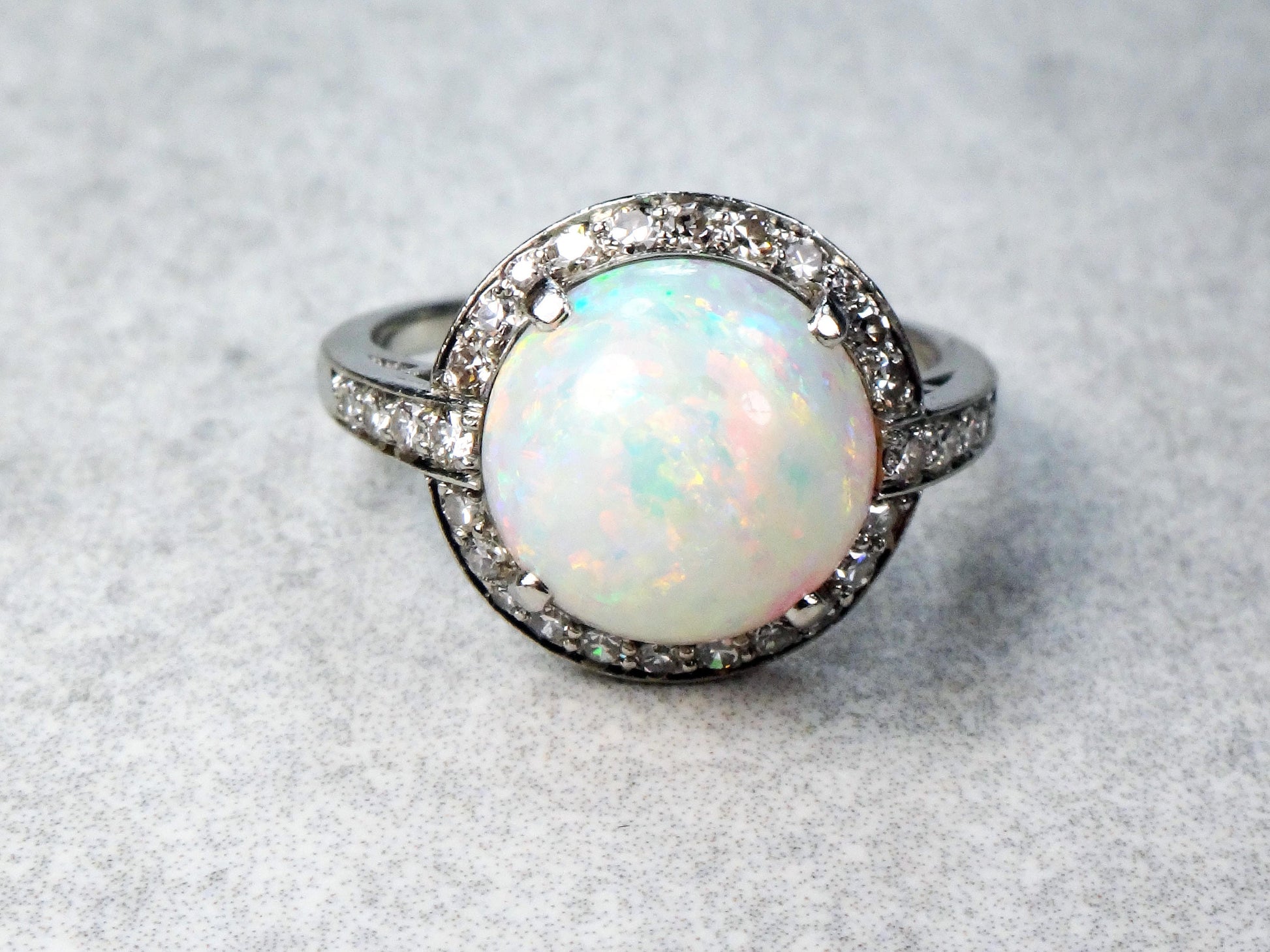 Vintage Platinum Opal Diamond Ring: October Birthstone, Circa 1930