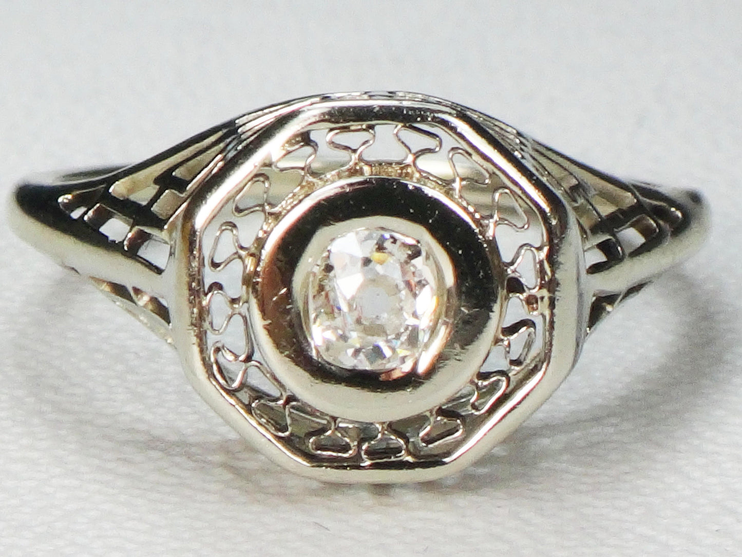 Vintage 14k White Gold Old Mine Cut Diamond Ring Art Deco Filigree Natural Diamond Engagement Ring Circa 1925