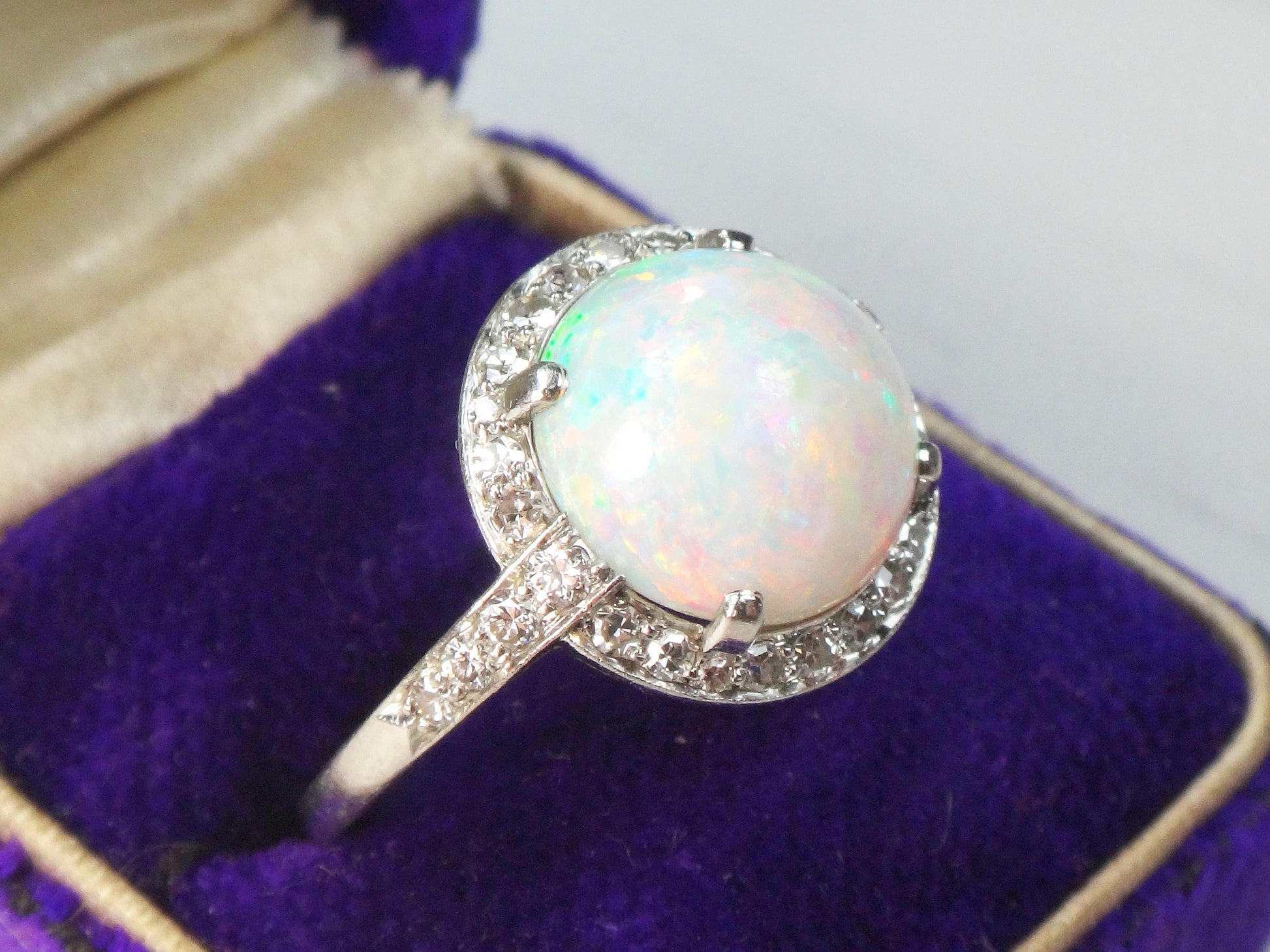 Vintage Platinum Opal Diamond Ring: October Birthstone, Circa 1930