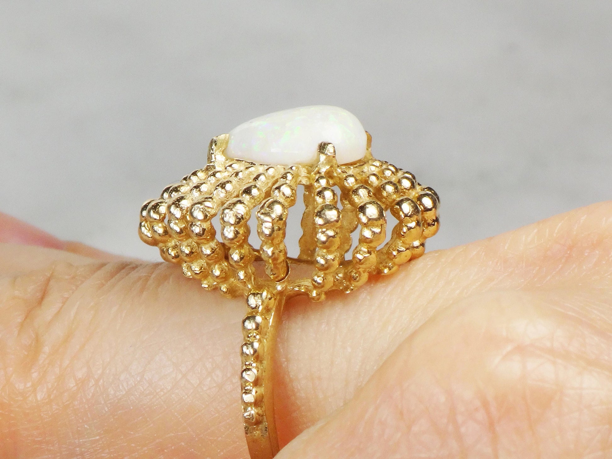 Vintage 14k Yellow Gold Opal Ring: Pear Cabochon Statement Ring