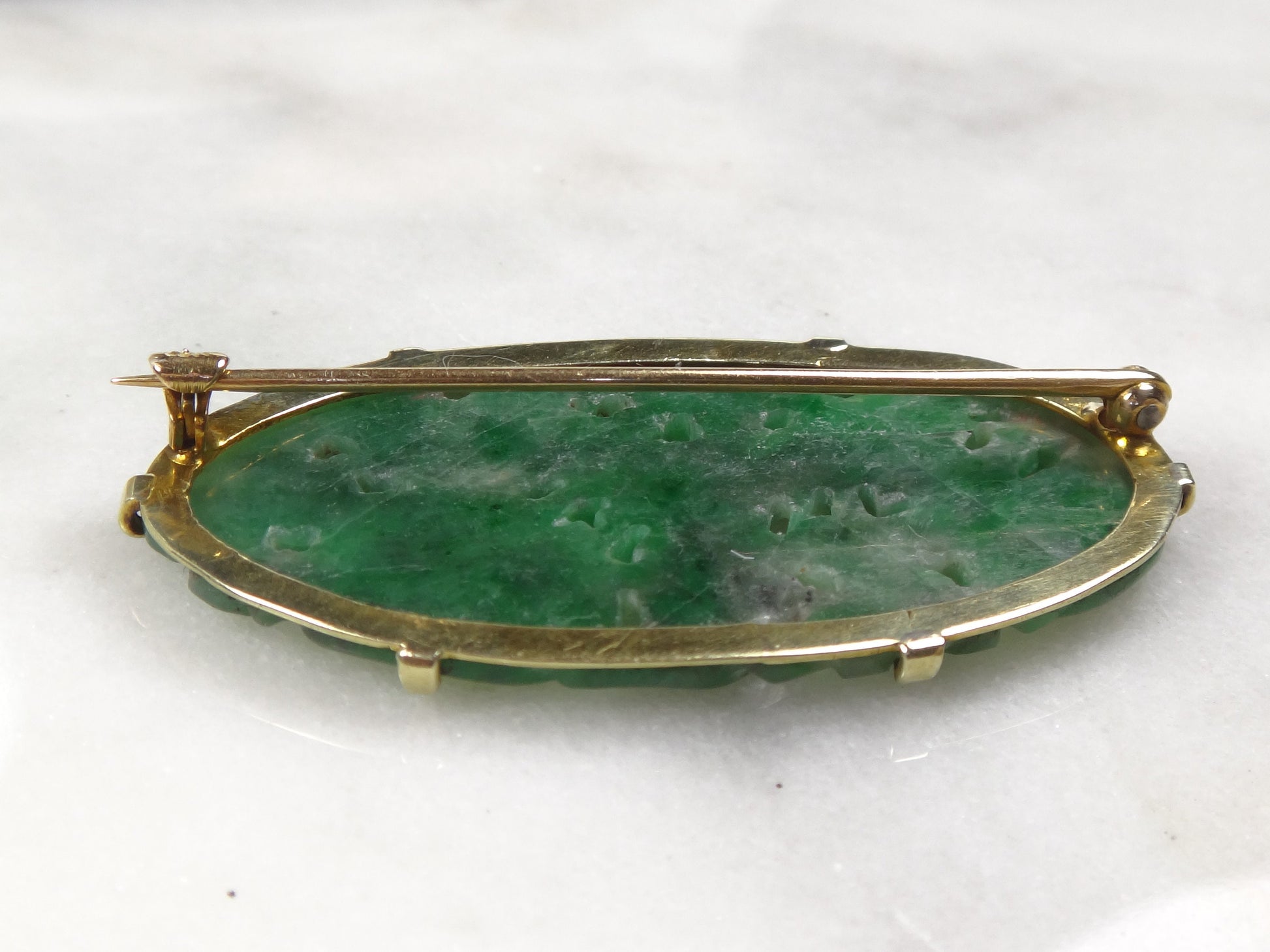 Antique 14k Gold Carved Jade Floral Pin Brooch