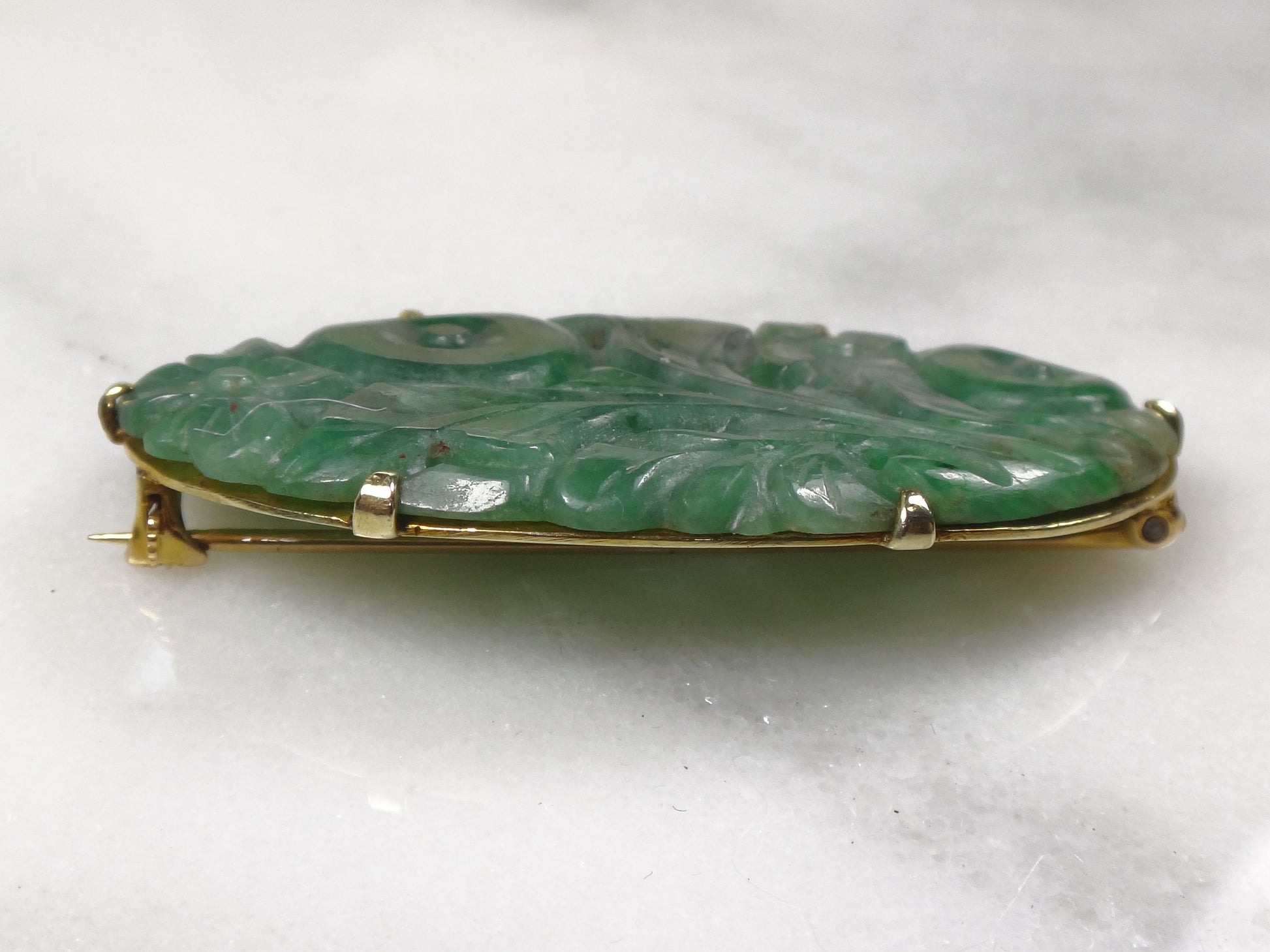 Antique 14k Gold Carved Jade Floral Pin Brooch