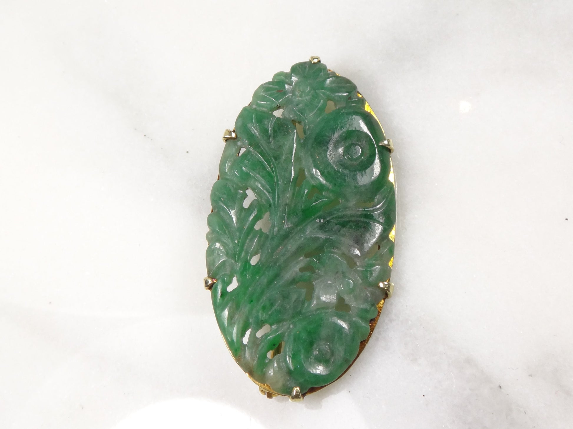 Antique 14k Gold Carved Jade Floral Pin Brooch