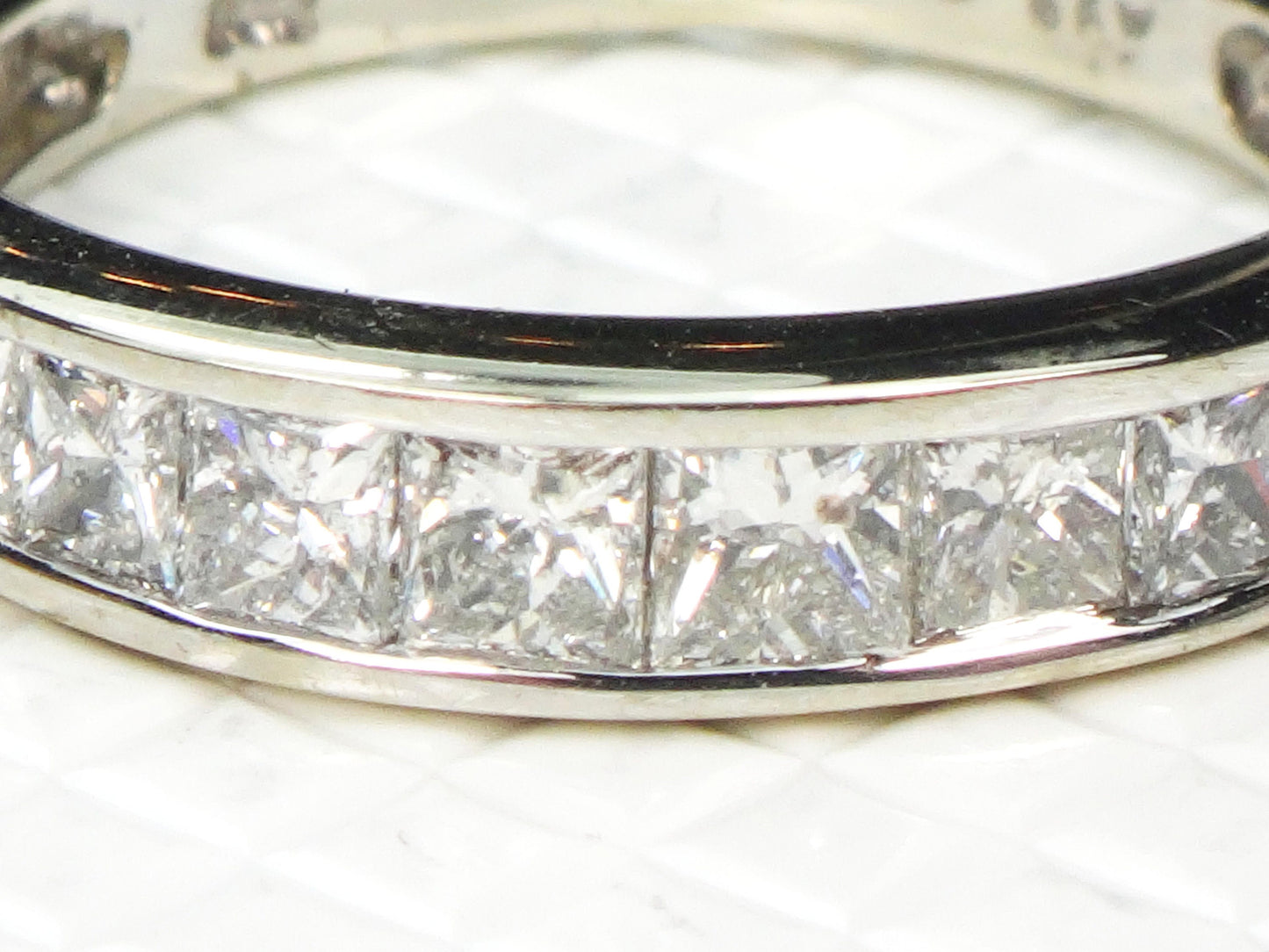 Vintage 14k White Gold Channel Set Natural Diamond Wedding Band, 1.25 Carat TDW Princess Cut Diamond Ring, Size 6.5