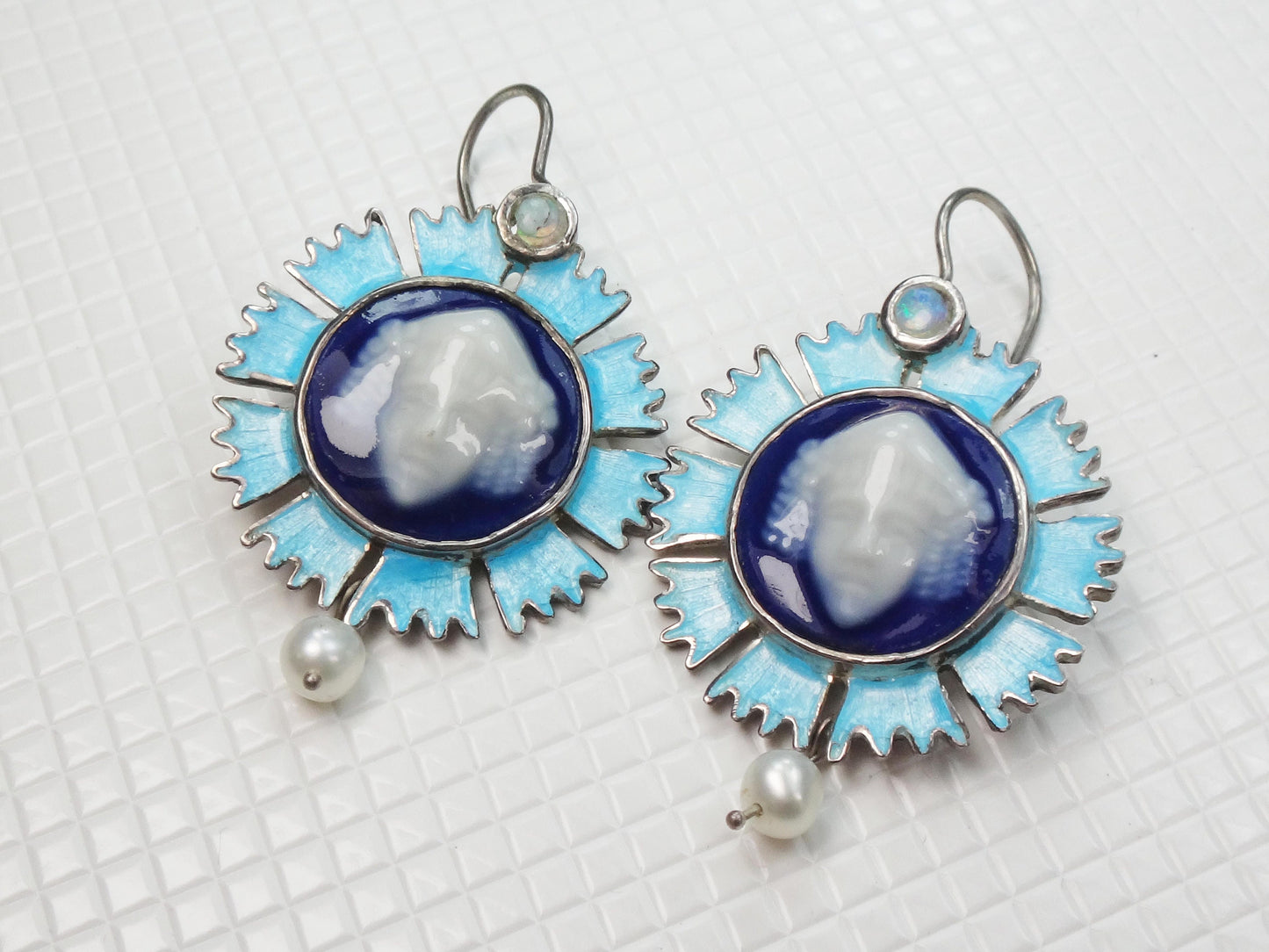 Vintage Sterling Silver Blue Limoges Porcelain Cameo Necklace and Earrings with Bacchus Design