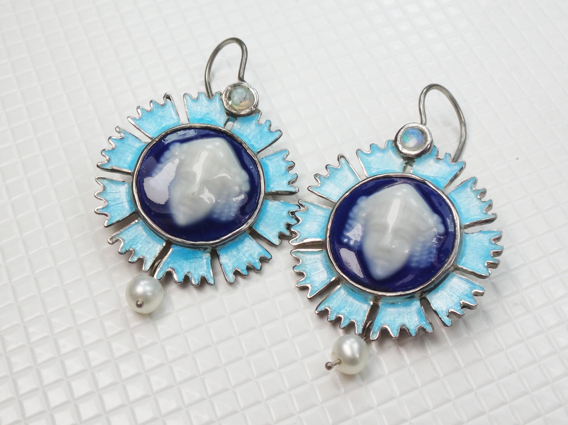 Vintage Sterling Silver Blue Limoges Porcelain Cameo Necklace and Earrings with Bacchus Design