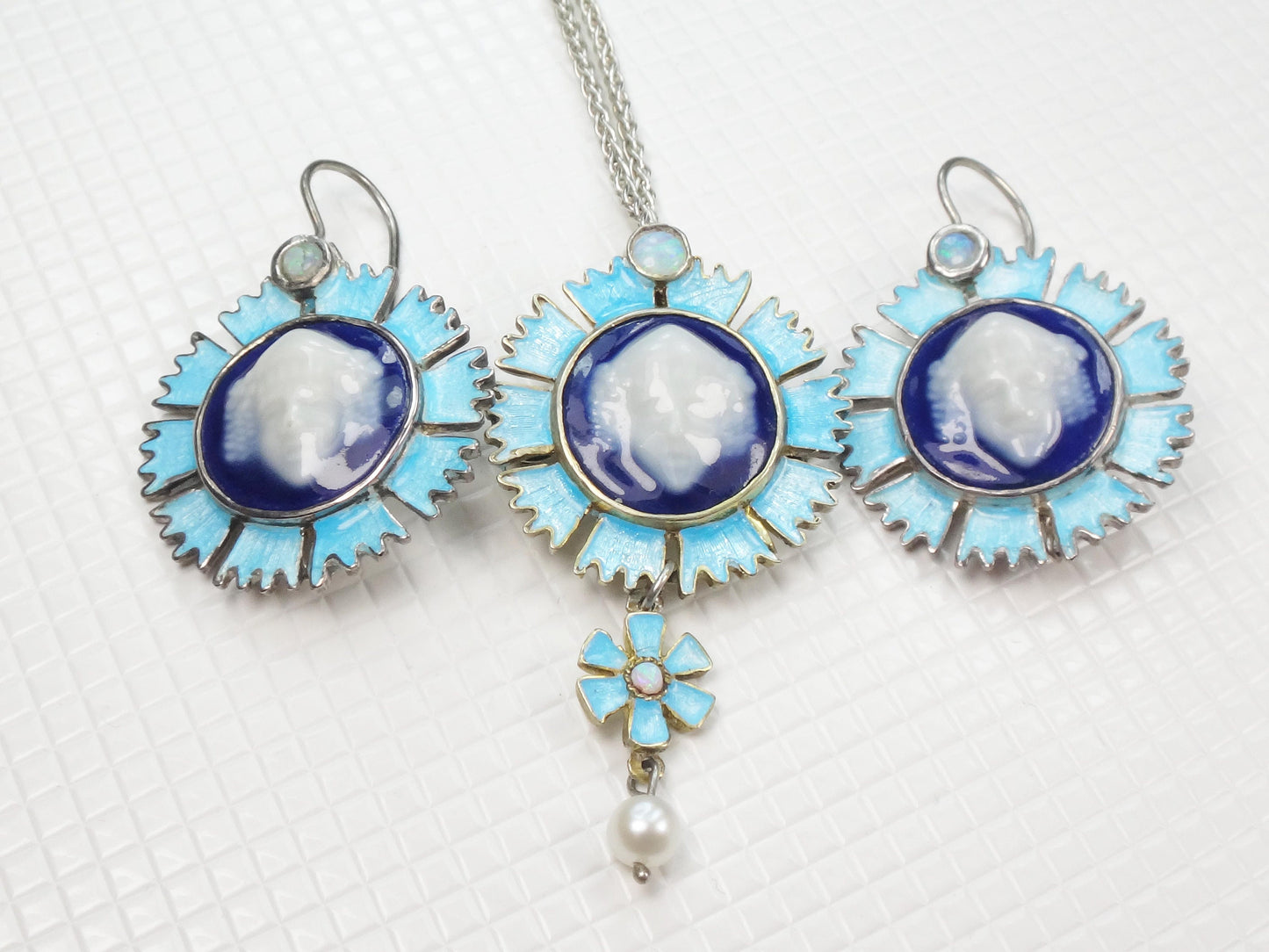 Vintage Sterling Silver Blue Limoges Porcelain Cameo Necklace and Earrings with Bacchus Design