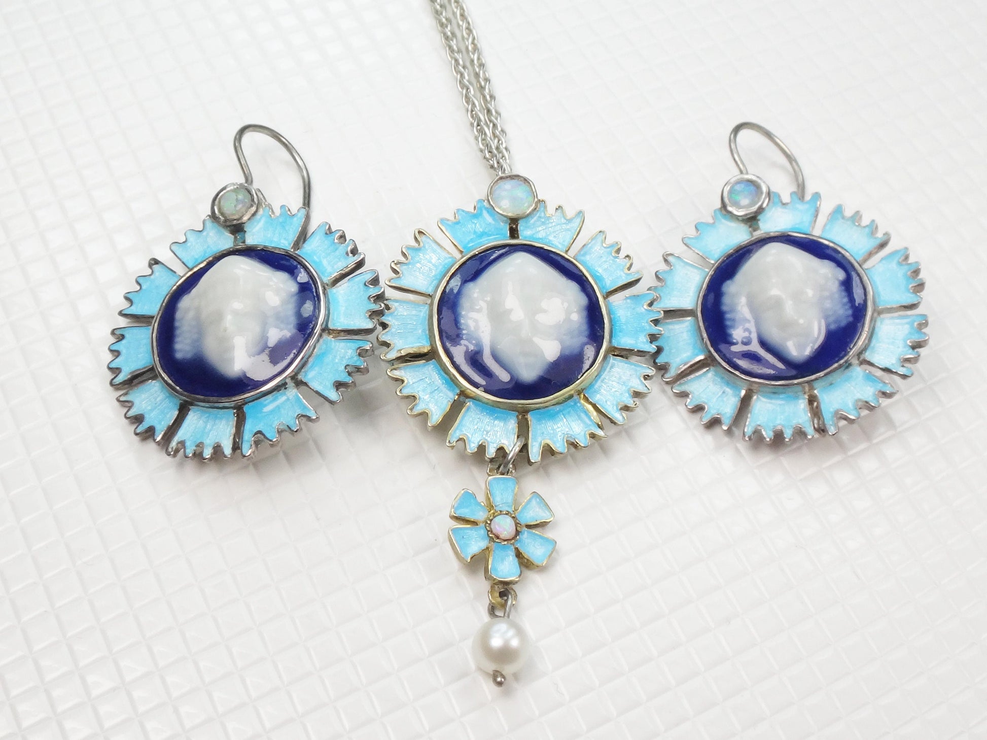 Vintage Sterling Silver Blue Limoges Porcelain Cameo Necklace and Earrings with Bacchus Design