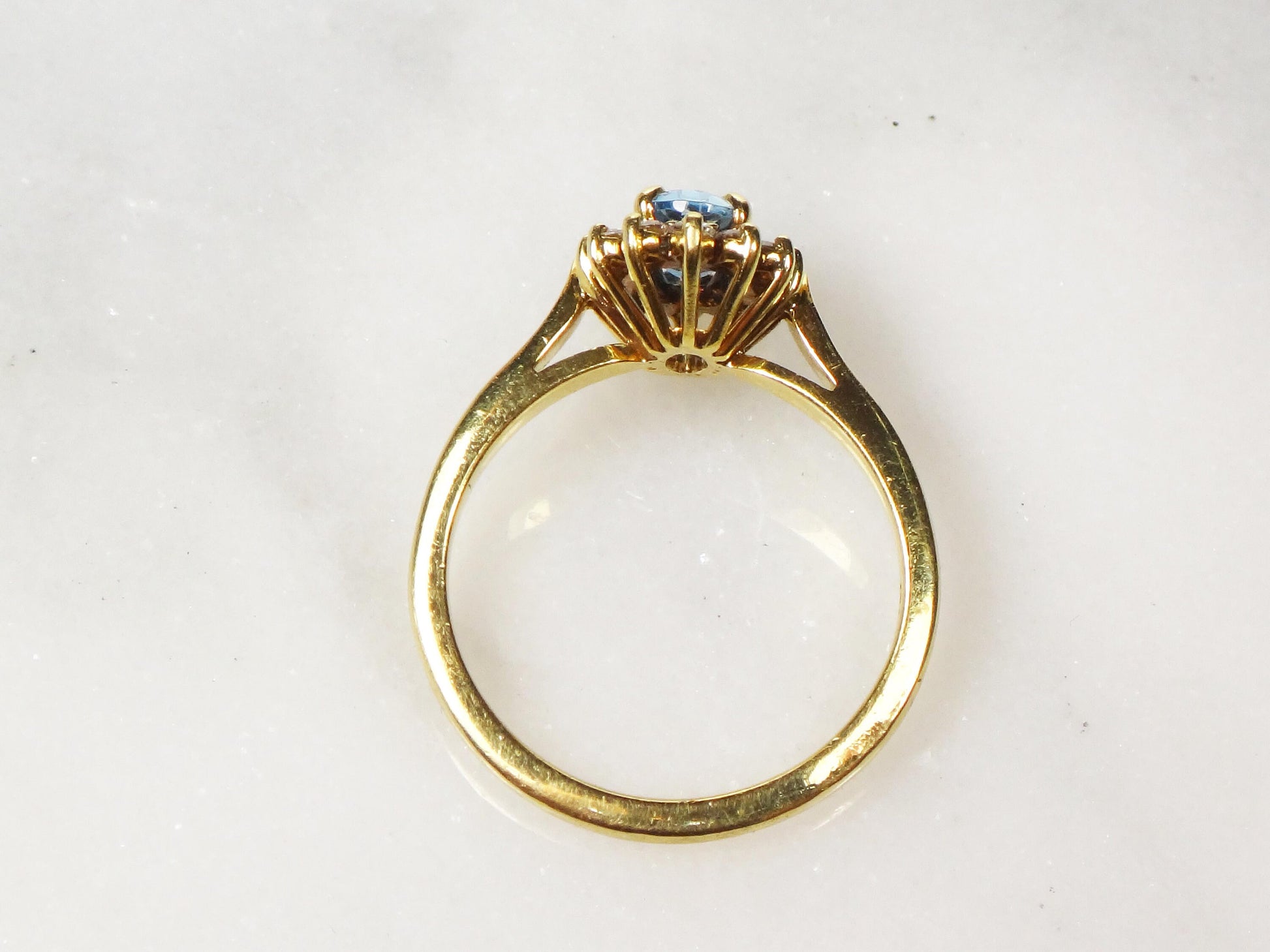 Vintage 18k Yellow Gold Aquamarine Diamond Halo Ring - Size 6