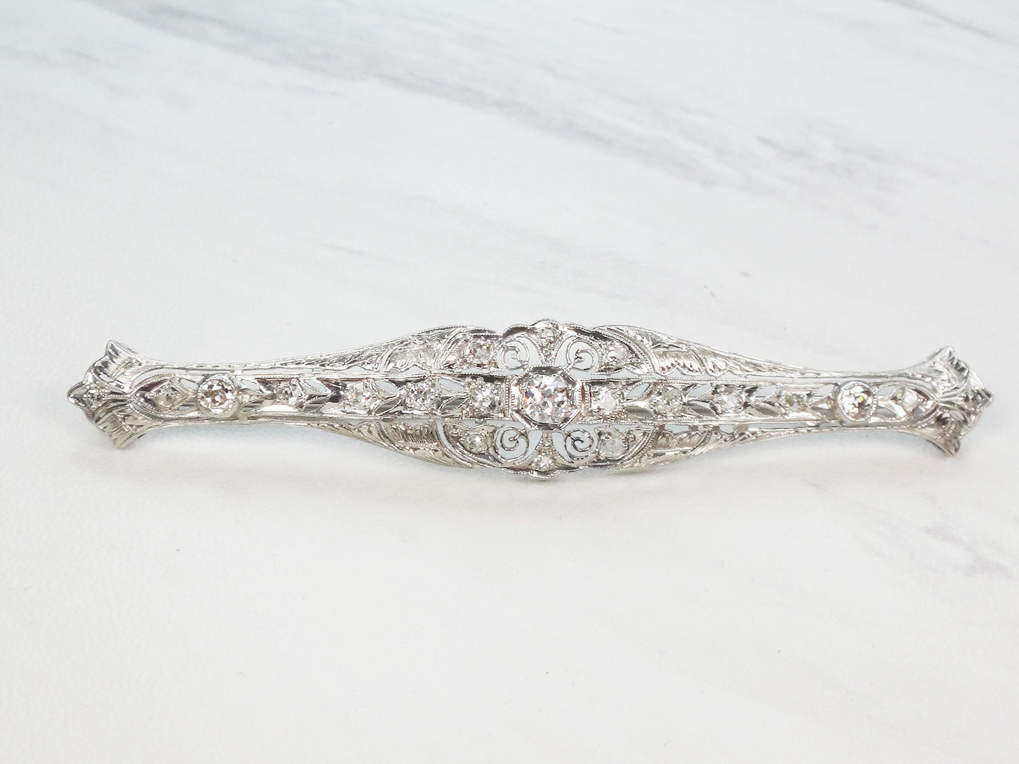 Antique 14k White Gold Diamond Bar Pin: Art Deco Filigree, Old Mine Cut