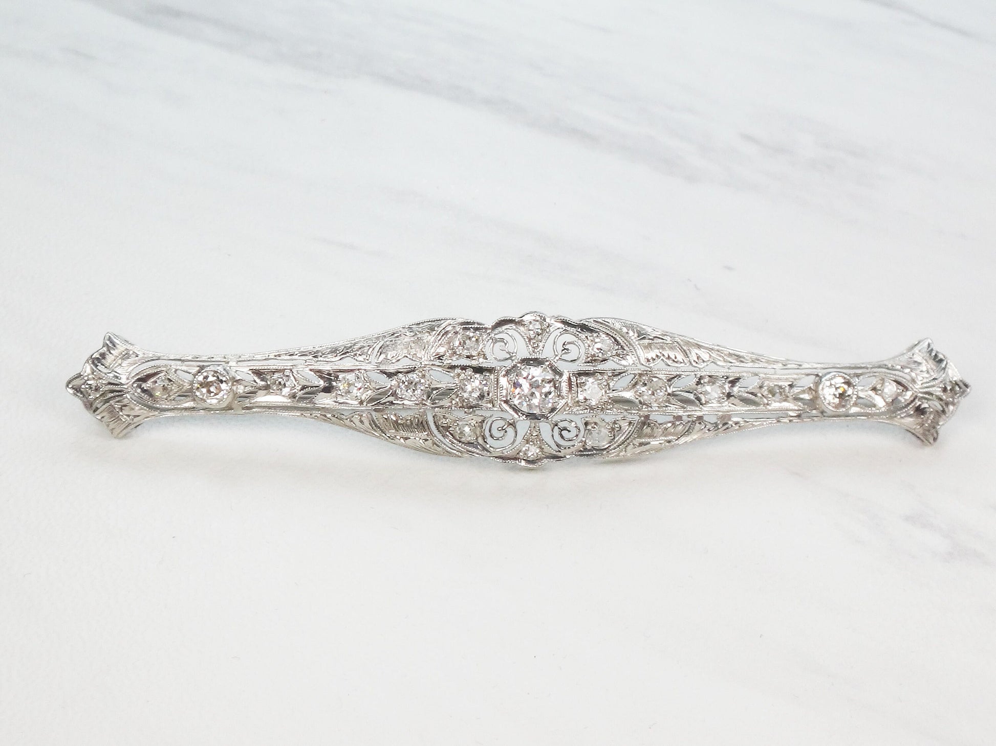 Antique 14k White Gold Diamond Bar Pin: Art Deco Filigree, Old Mine Cut