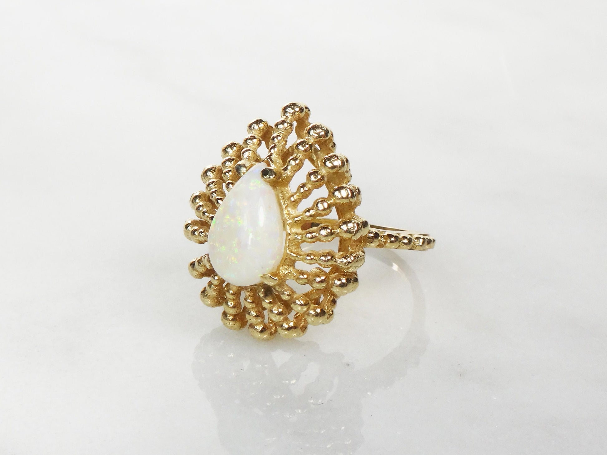 Vintage 14k Yellow Gold Opal Ring: Pear Cabochon Statement Ring