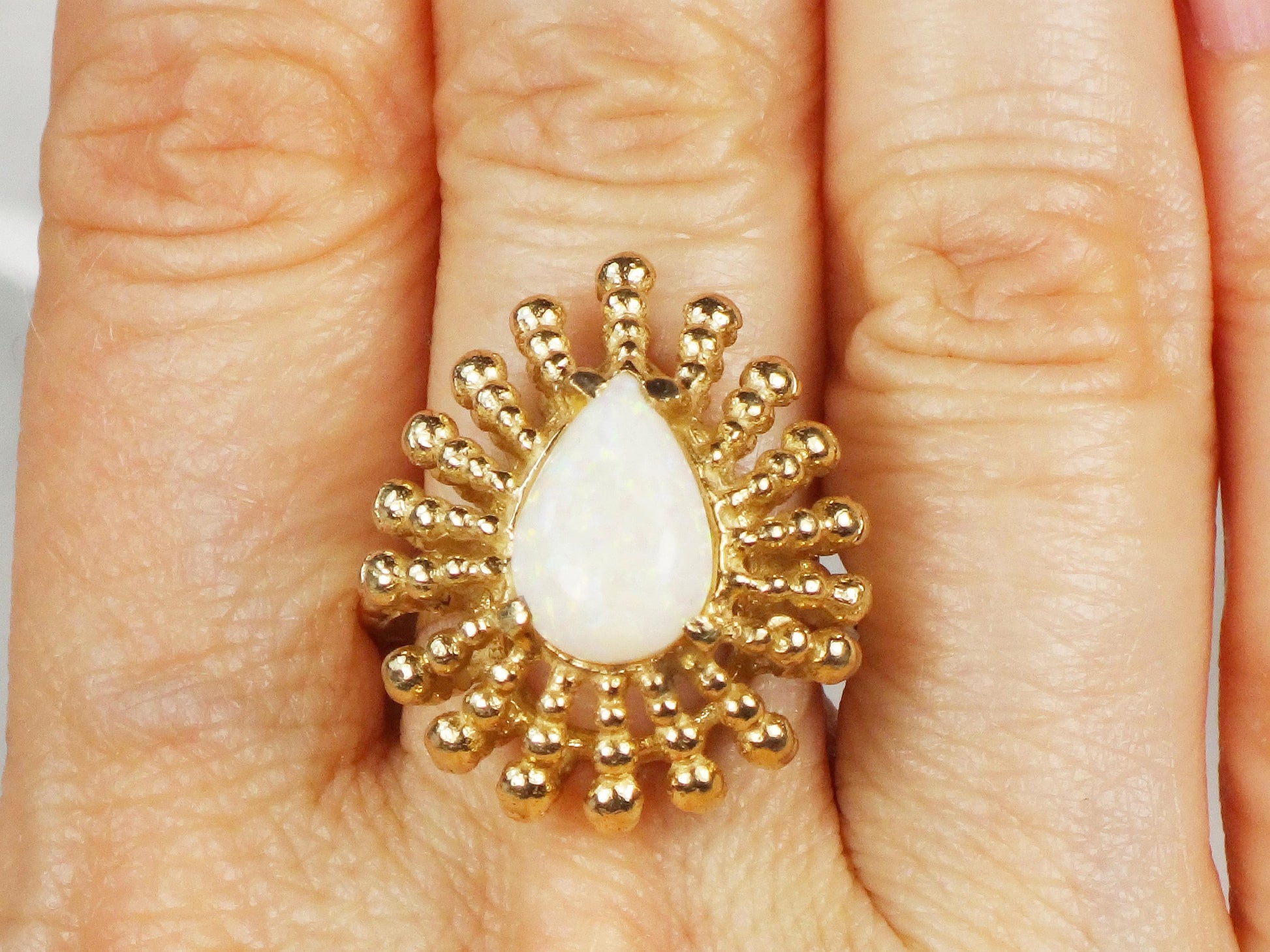 Vintage 14k Yellow Gold Opal Ring: Pear Cabochon Statement Ring