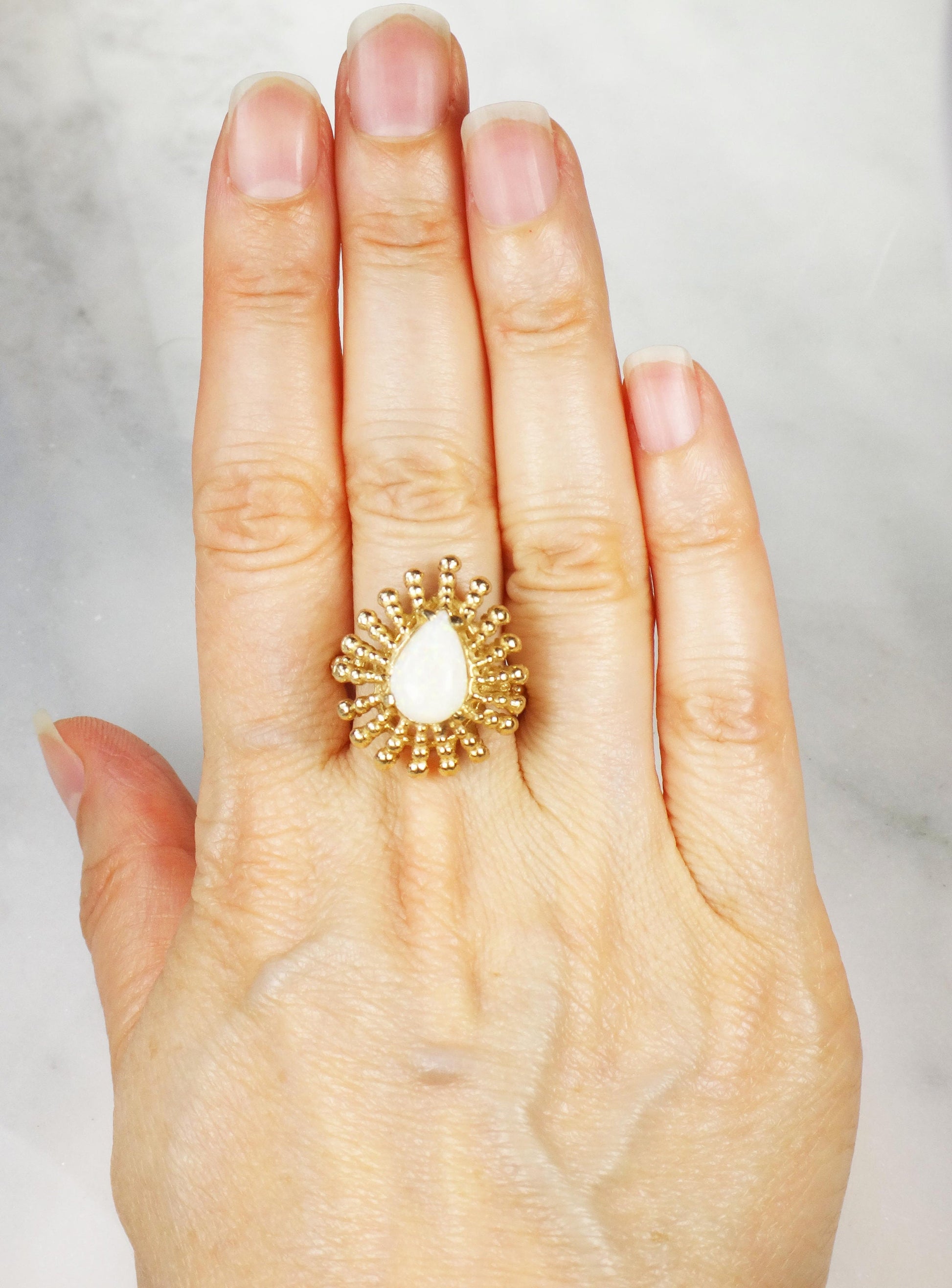 Vintage 14k Yellow Gold Opal Ring: Pear Cabochon Statement Ring
