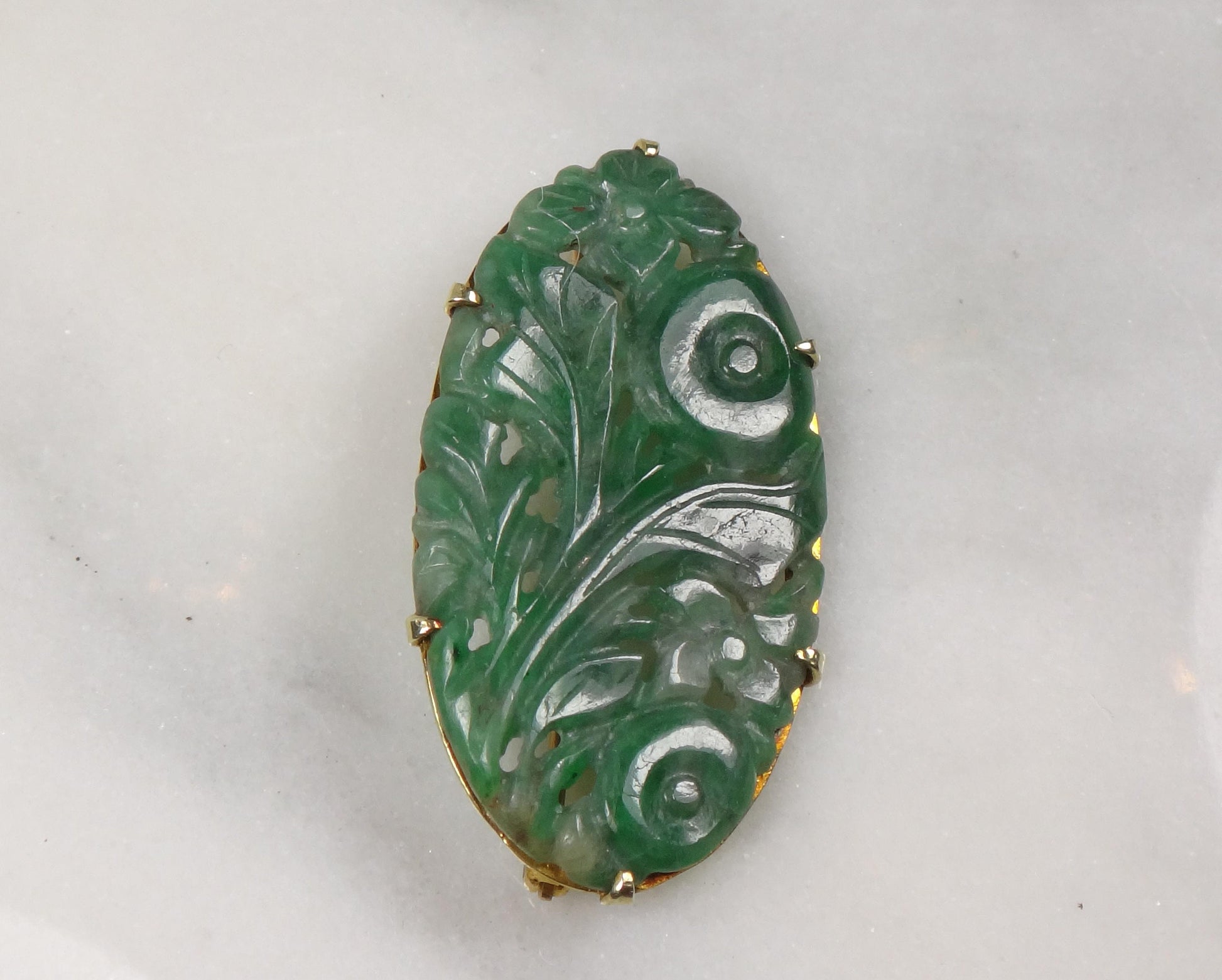 Antique 14k Gold Carved Jade Floral Pin Brooch
