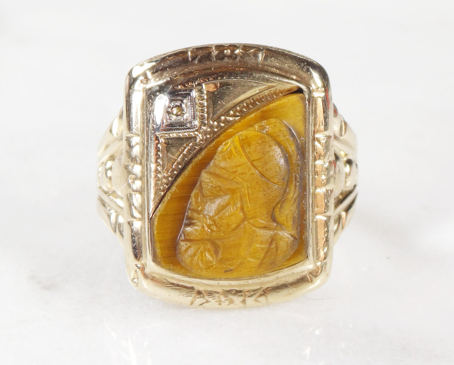 Vintage 10k Gold Carved Tiger Eye Intaglio Ring with Diamond Yellow Gold Cameo Ring Size 9