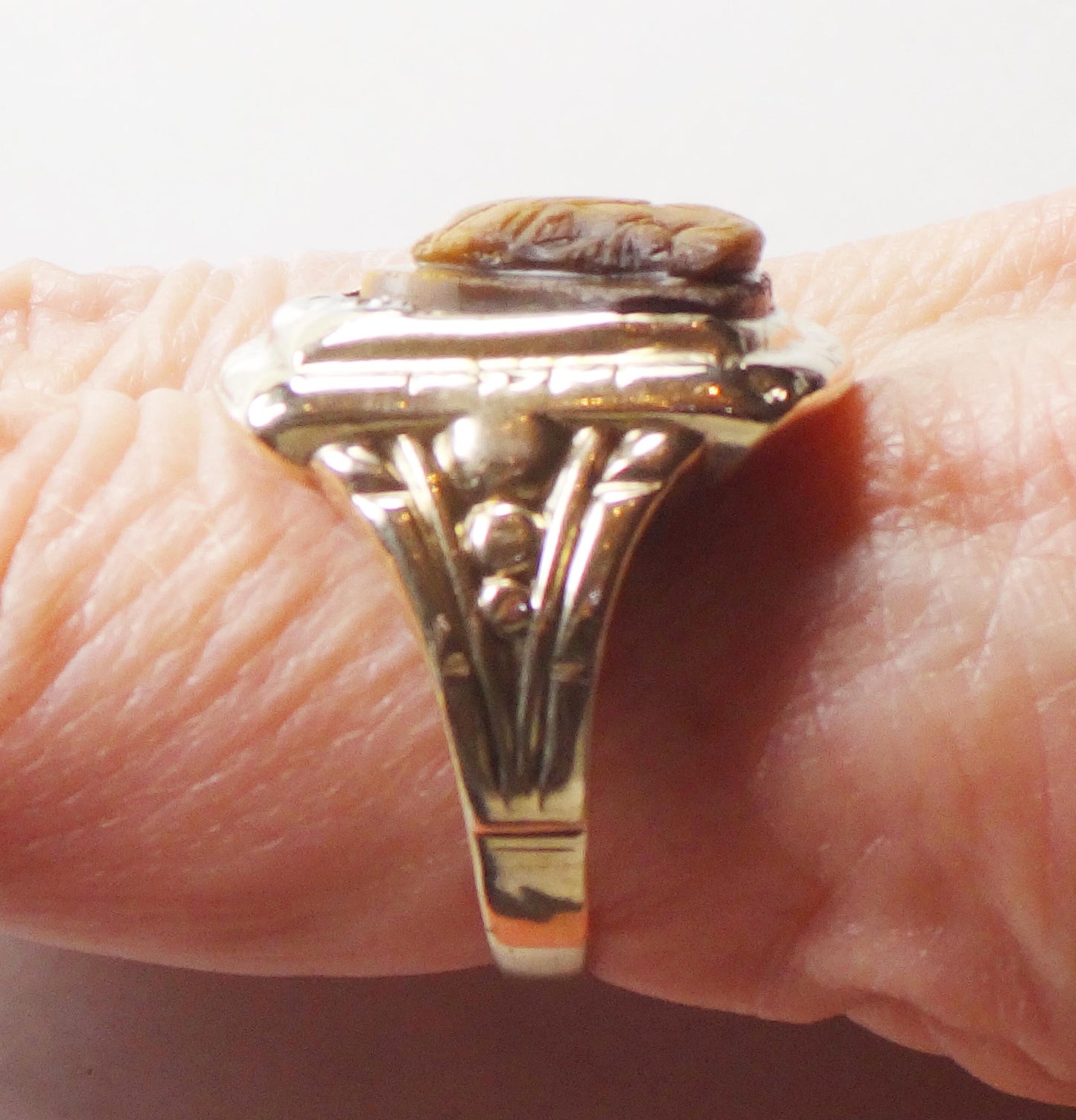 Vintage 10k Gold Carved Tiger Eye Intaglio Ring with Diamond Yellow Gold Cameo Ring Size 9